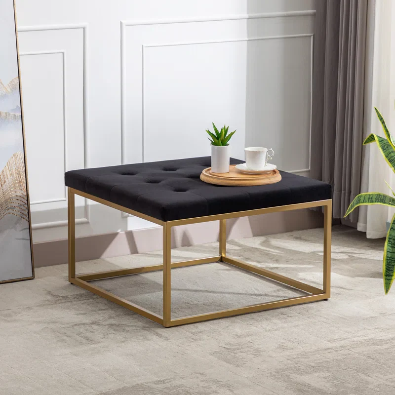 Square Shaped Black Velvet Ottoman with Golden Metal Finish - Image 4