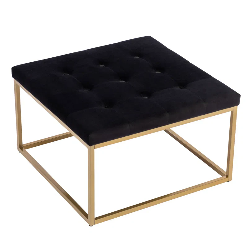 Square Shaped Black Velvet Ottoman with Golden Metal Finish - Image 5