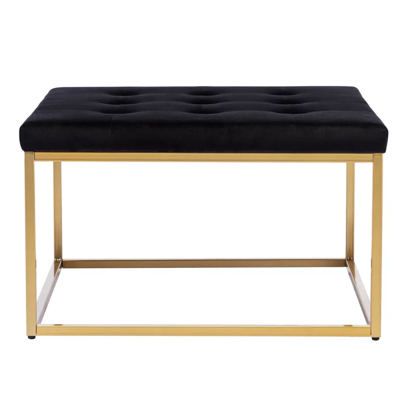 Square Shaped Black Velvet Ottoman with Golden Metal Finish - Image 6