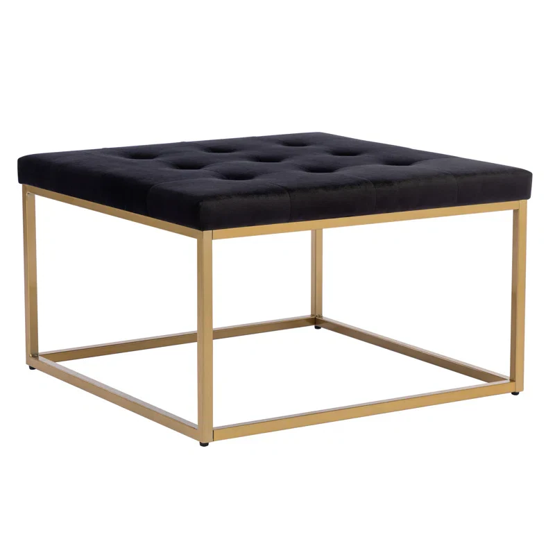 Square Shaped Black Velvet Ottoman with Golden Metal Finish - Image 7