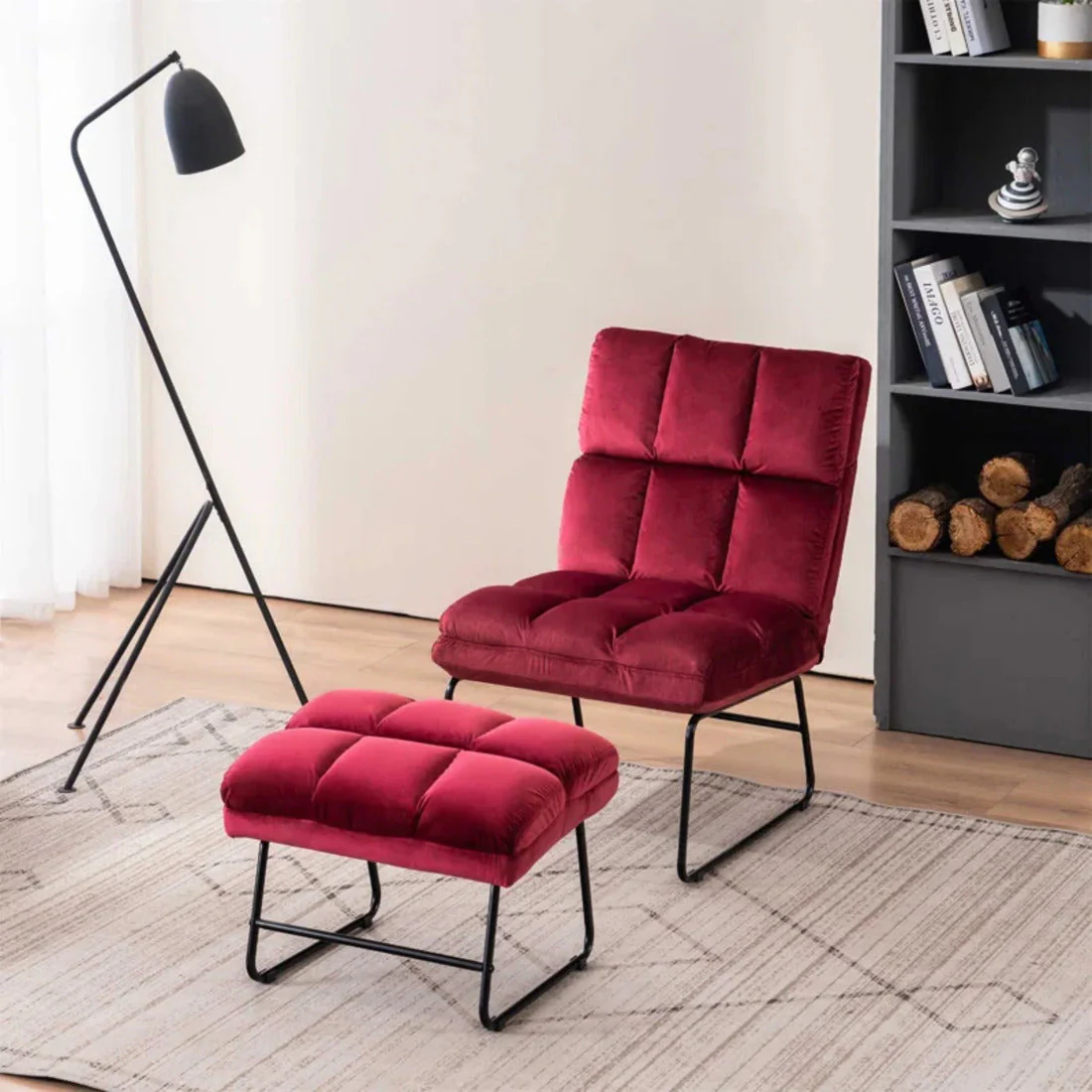 Square Tufted Rich Red Premium Velvet Chair with Footrest