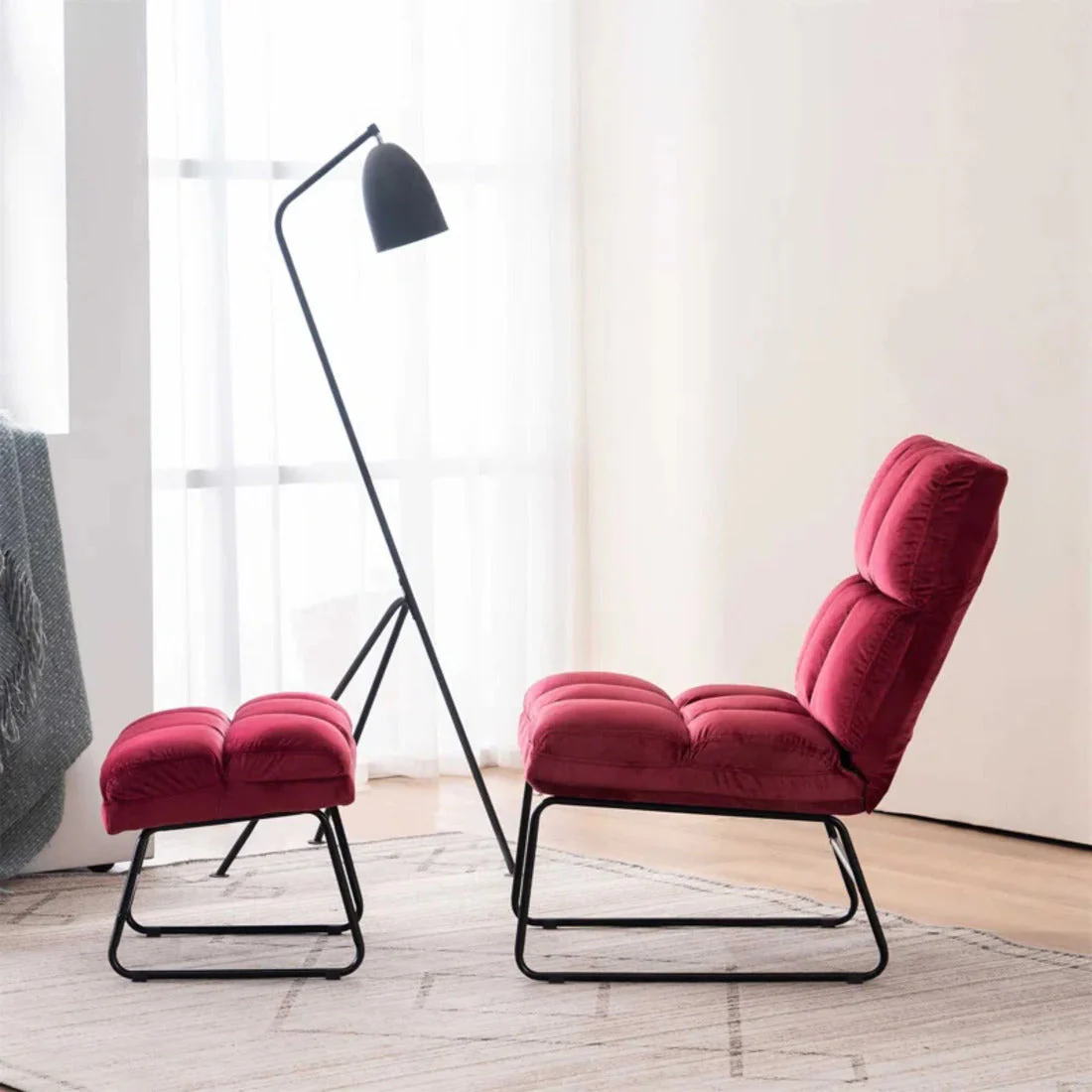 Square Tufted Rich Red Premium Velvet Chair with Footrest - Image 2