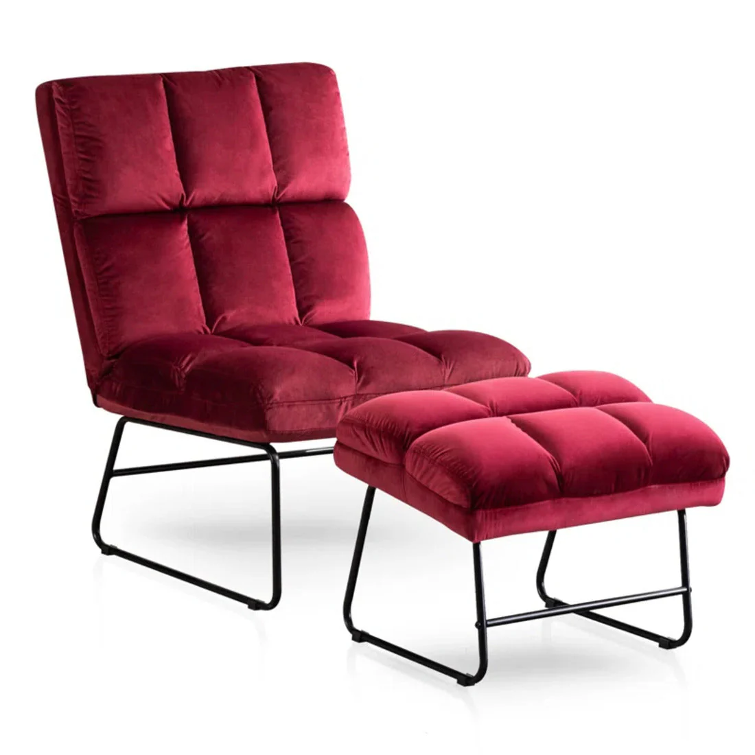 Square Tufted Rich Red Premium Velvet Chair with Footrest - Image 3