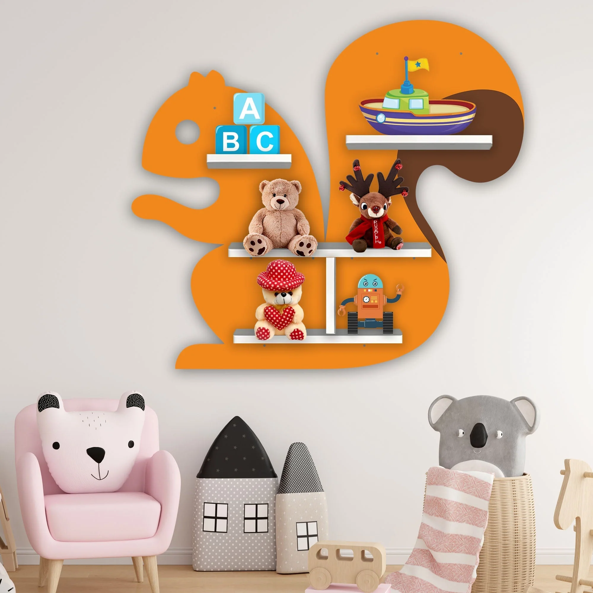Squirrel Shape Wooden Wall Shelf LED Light Wall Shelf for Kids - Image 3