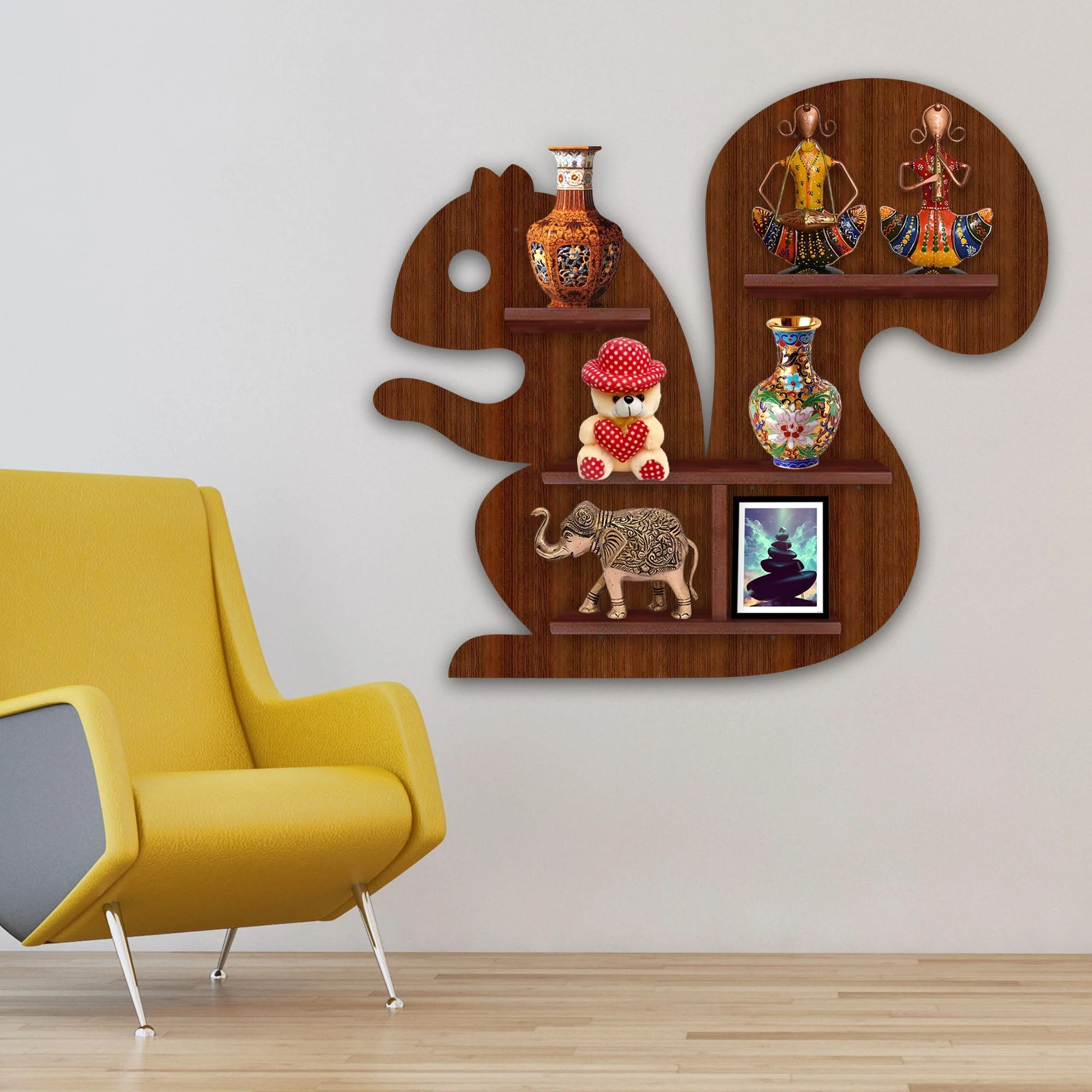 Squirrel Shape Wooden Wall Shelf LED Light Wall Shelf with Walnut Finish - Image 3