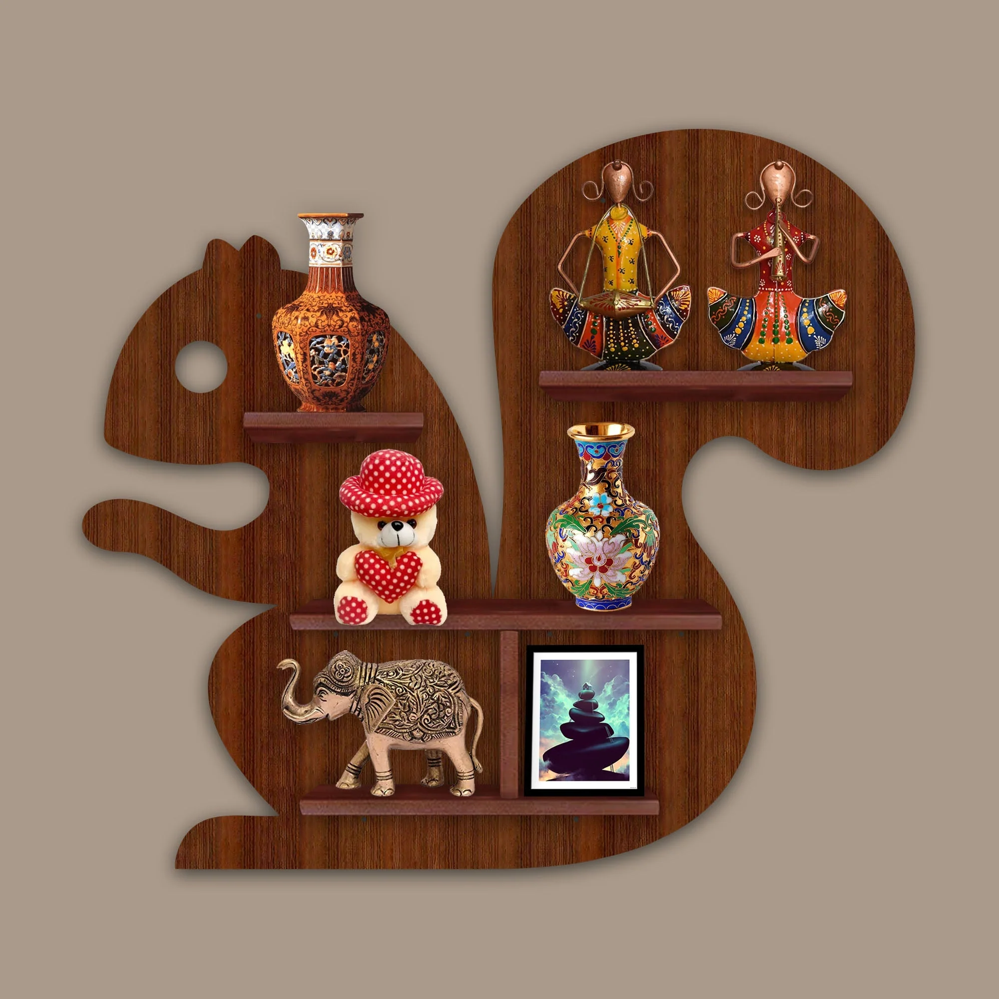 Squirrel Shape Wooden Wall Shelf LED Light Wall Shelf with Walnut Finish - Image 4