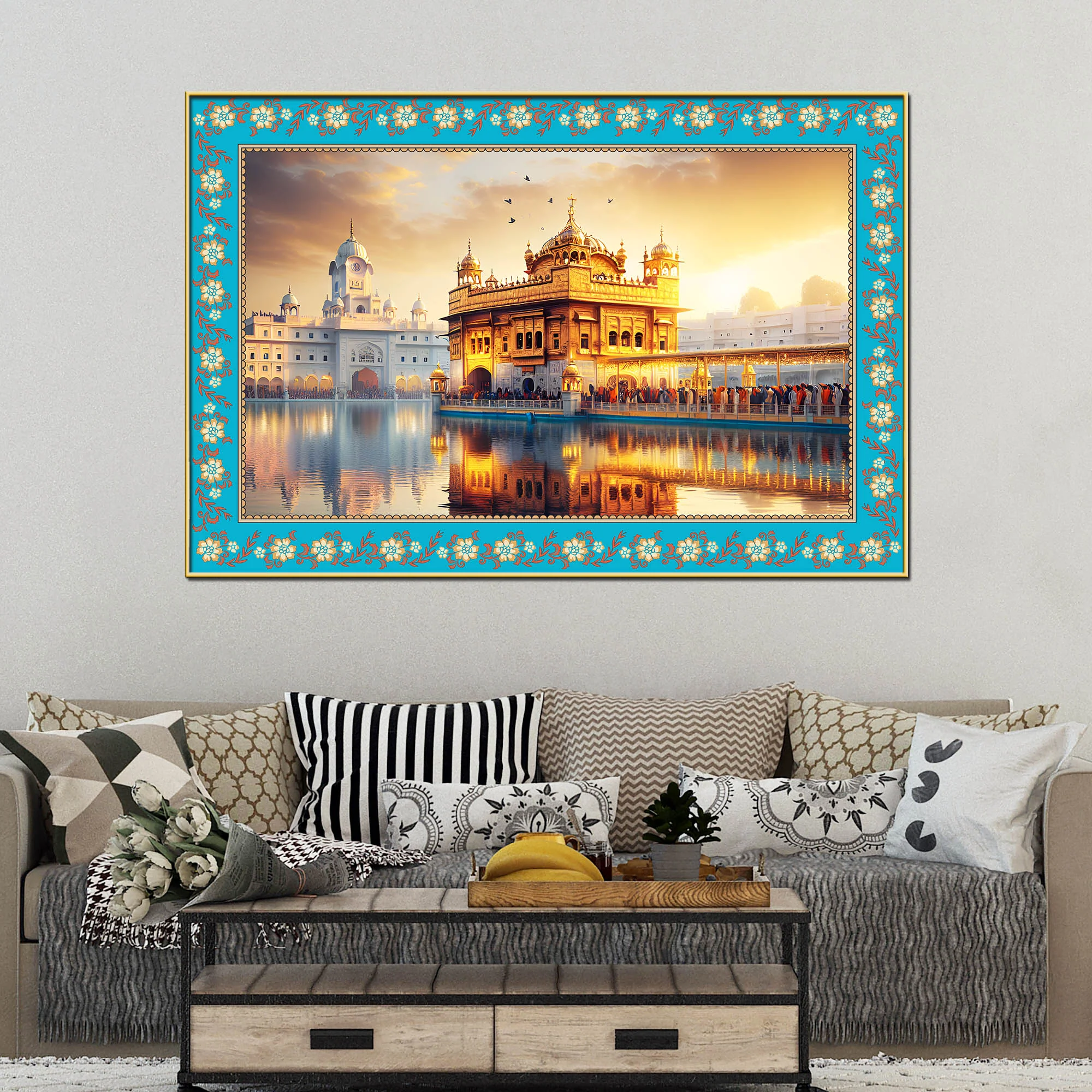 Sri Harmandir Sahib Gurdwara Floral Border Canvas Wall Painting - Image 2