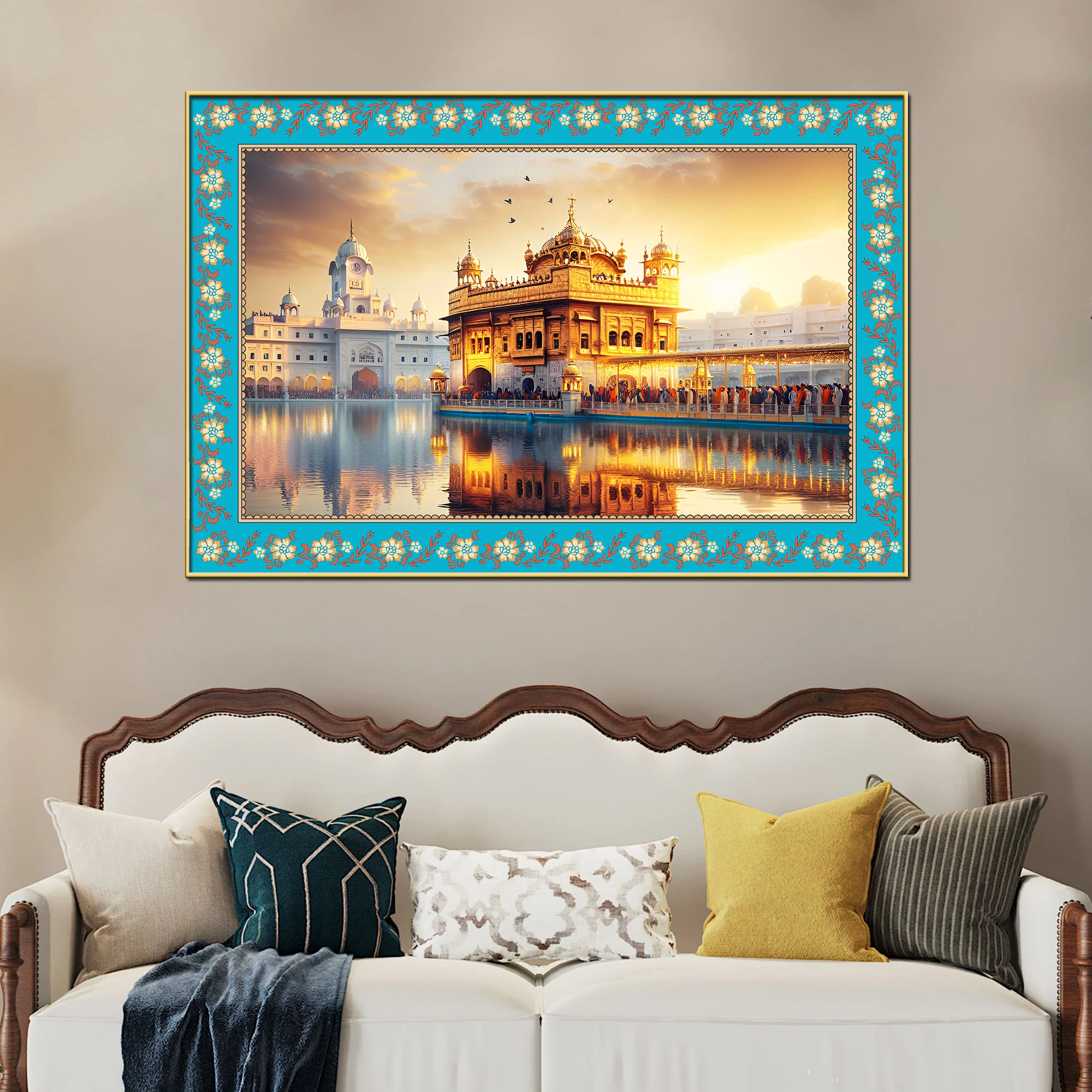 Sri Harmandir Sahib Gurdwara Floral Border Canvas Wall Painting - Image 3