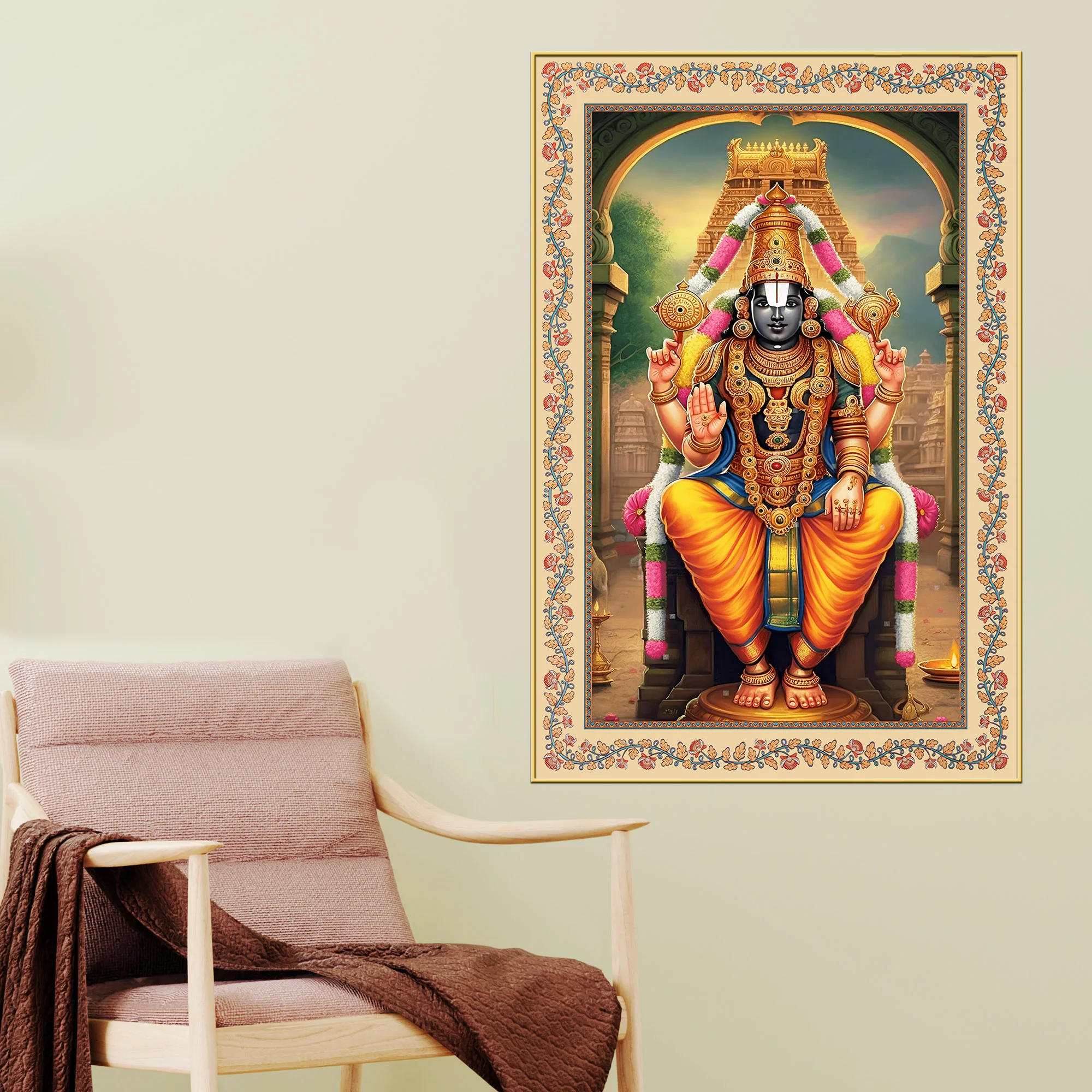 Sri Tirupati Balaji Floral Border Vertical Canvas Wall Painting - Image 2