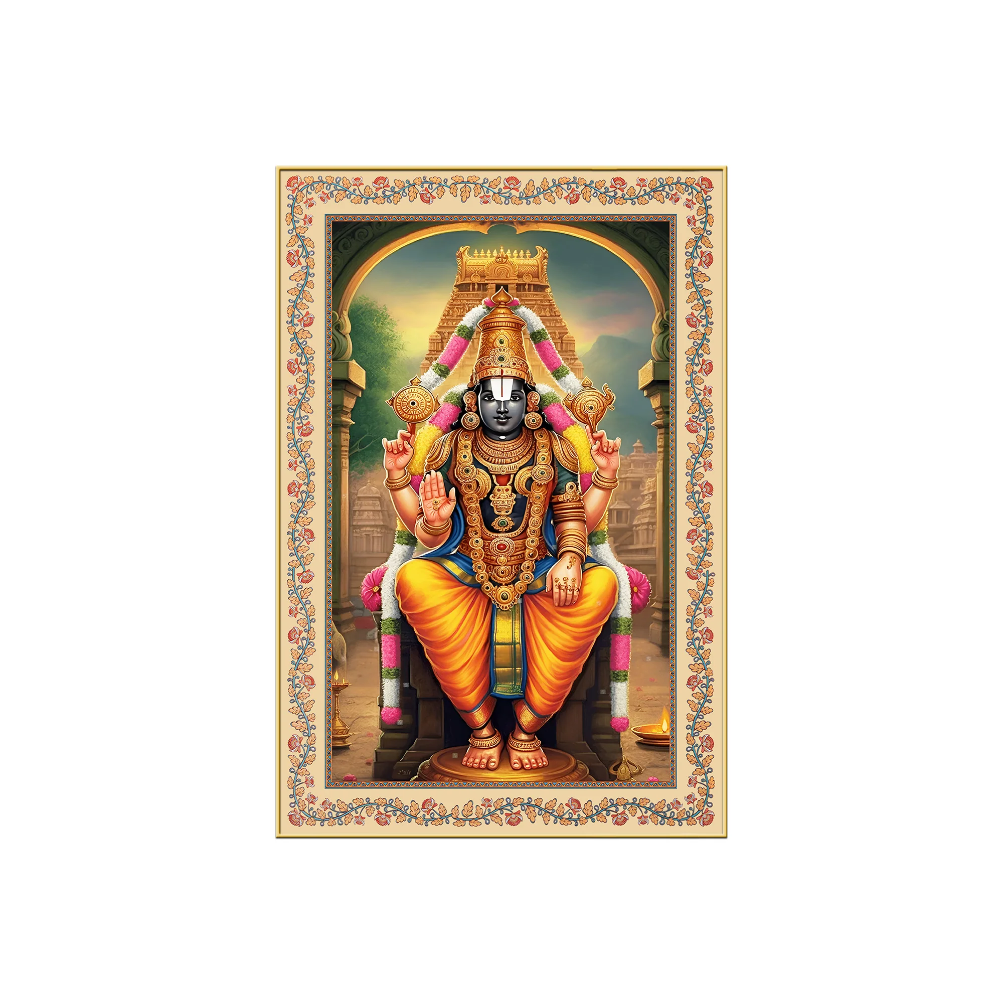 Sri Tirupati Balaji Floral Border Vertical Canvas Wall Painting - Image 4