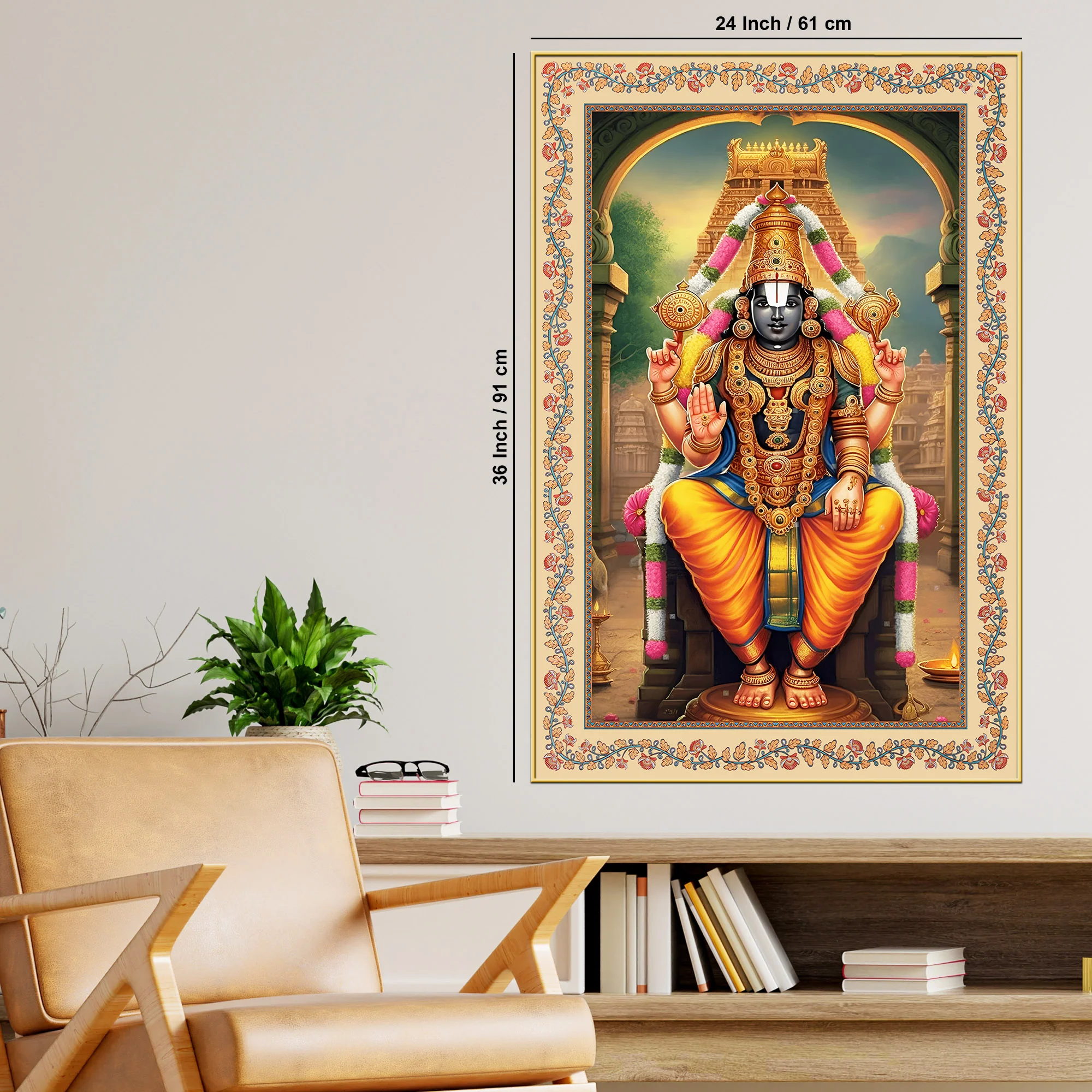 Sri Tirupati Balaji Floral Border Vertical Canvas Wall Painting - Image 6