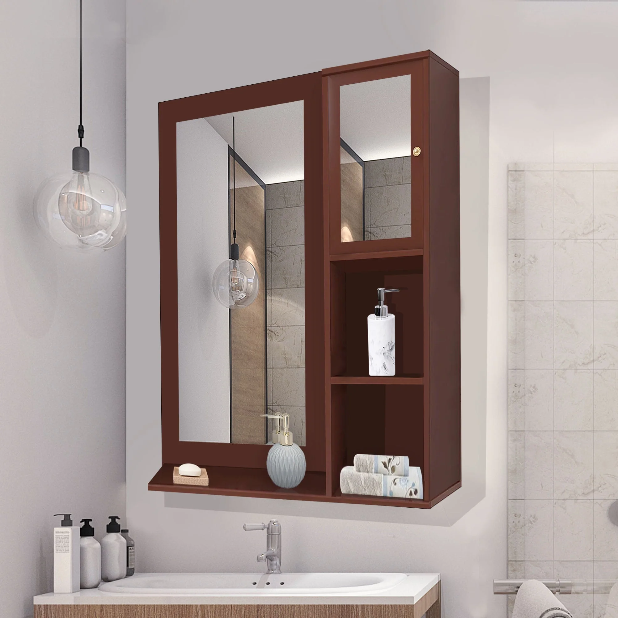 Structured Wooden Bathroom Cabinet Mirror with 4 Spacious Shelves with Solid Brown Finish - Image 2