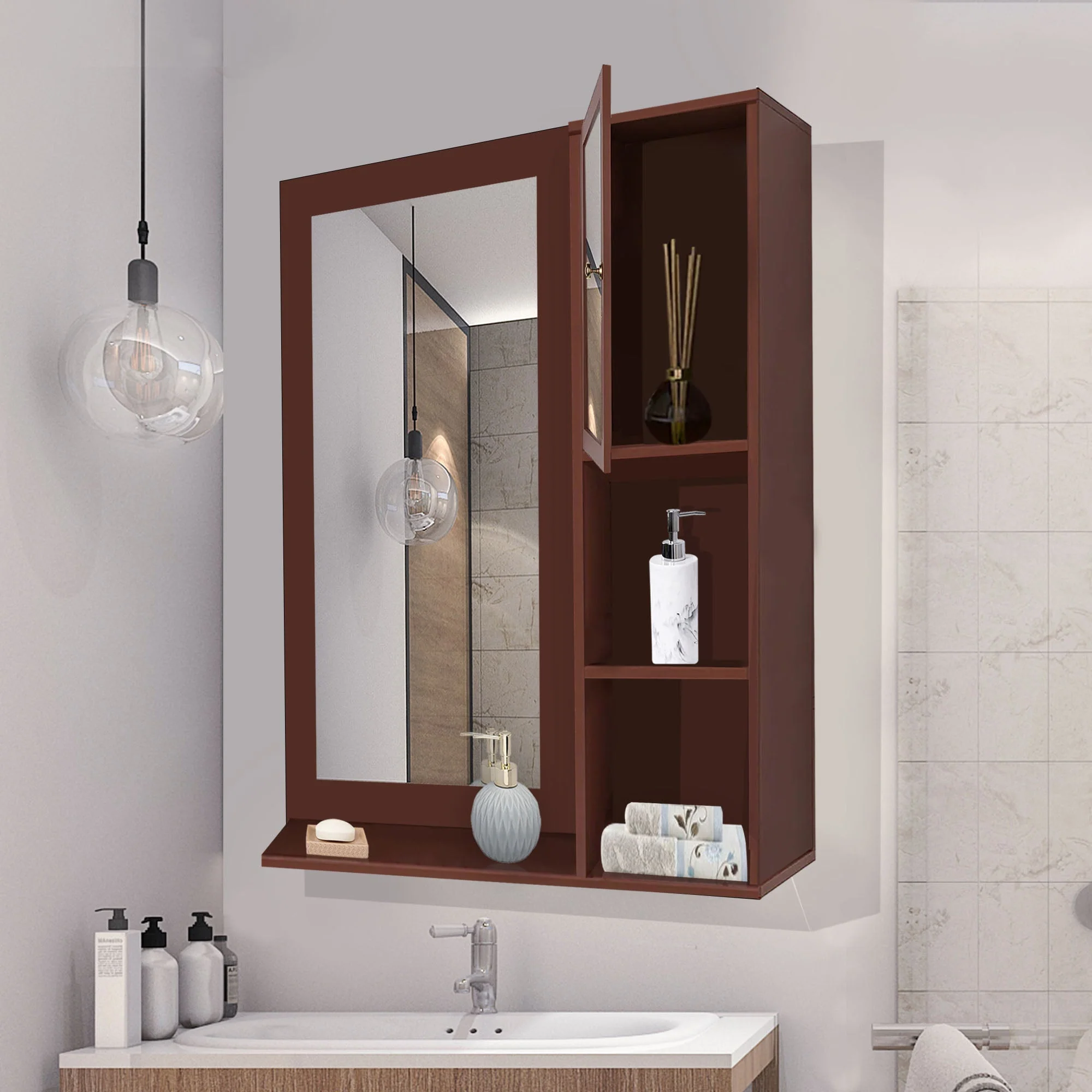 Structured Wooden Bathroom Cabinet Mirror with 4 Spacious Shelves with Solid Brown Finish - Image 3