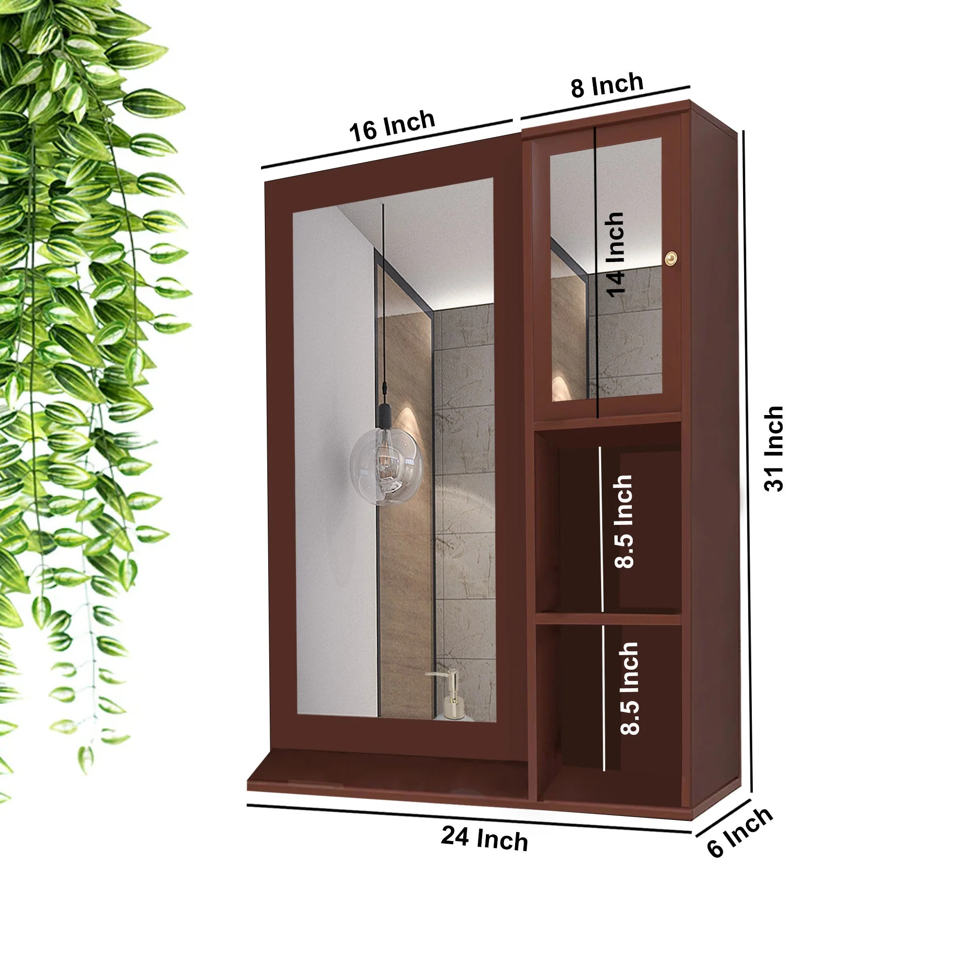 Structured Wooden Bathroom Cabinet Mirror with 4 Spacious Shelves with Solid Brown Finish - Image 4