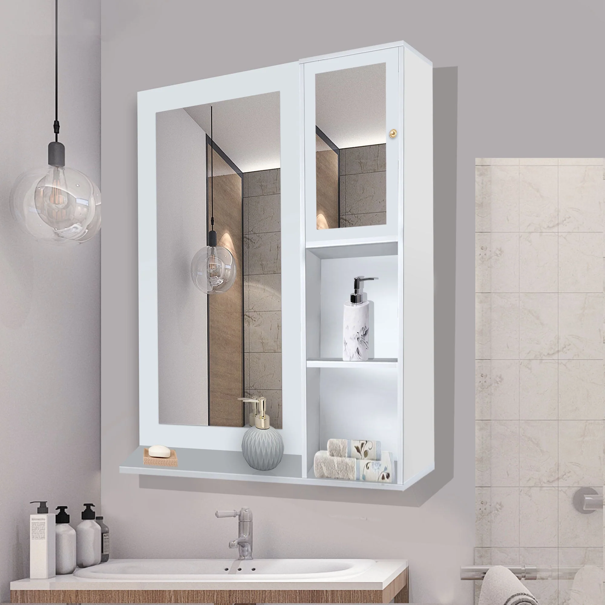 Structured Wooden Bathroom Cabinet Mirror with 4 Spacious Shelves with White Finish - Image 2