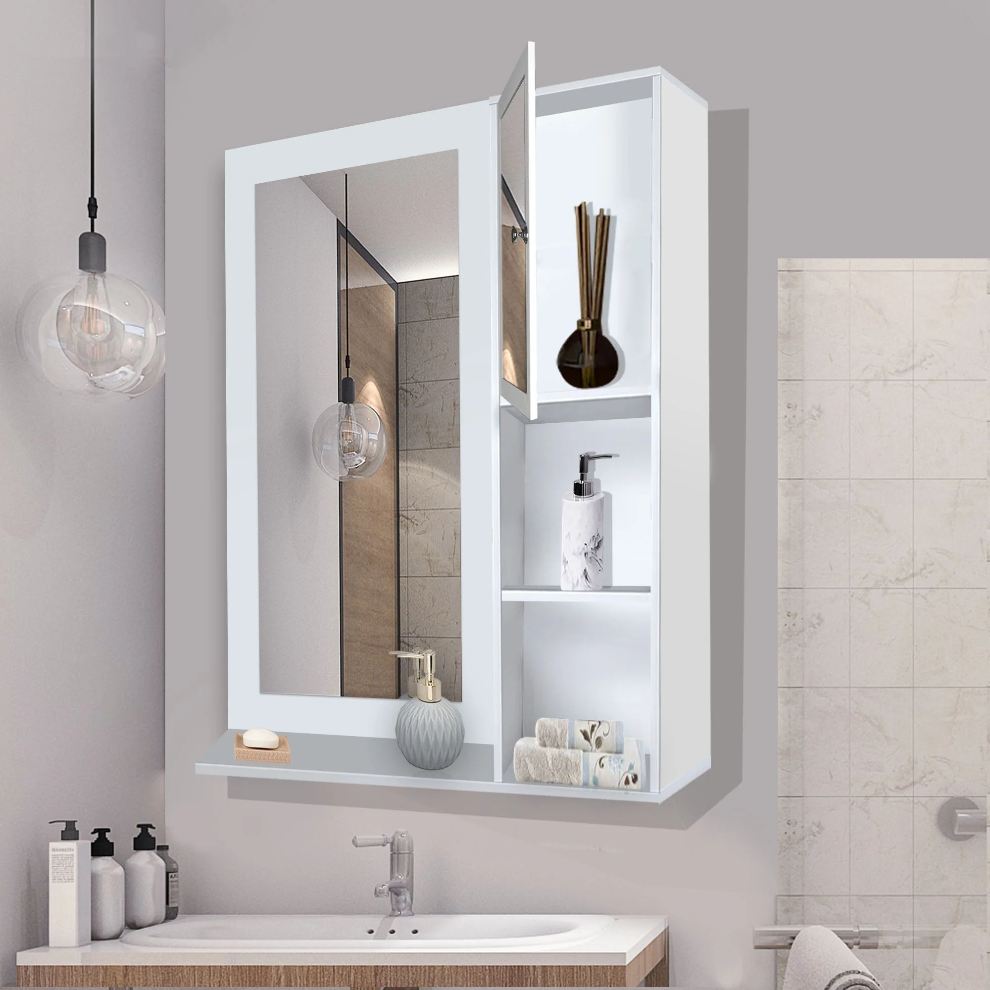 Structured Wooden Bathroom Cabinet Mirror with 4 Spacious Shelves with White Finish - Image 3