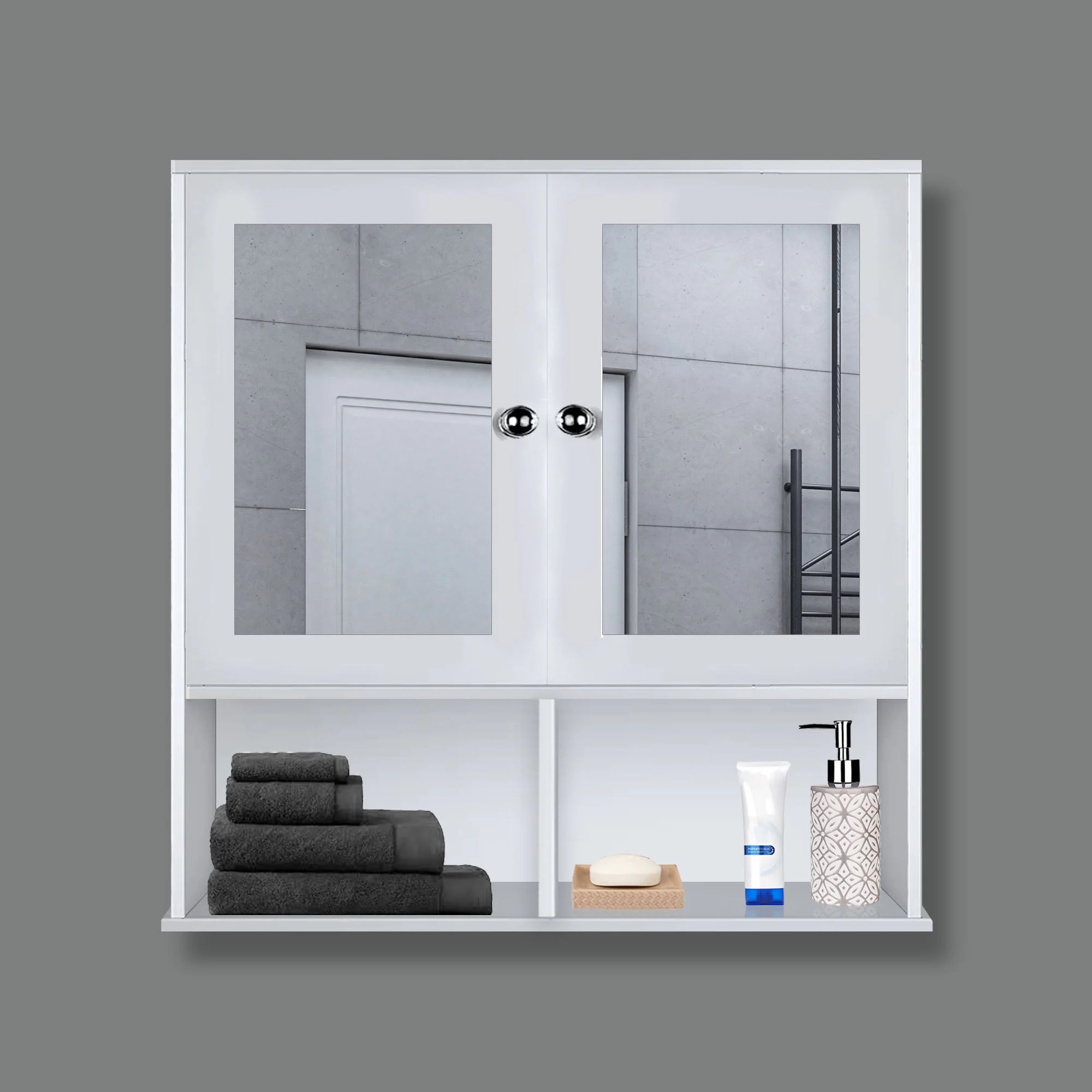Sturdy Wooden Bathroom Storage Cabinet with Mirrors & 4 Spacious Shelves with White Finish - Image 2