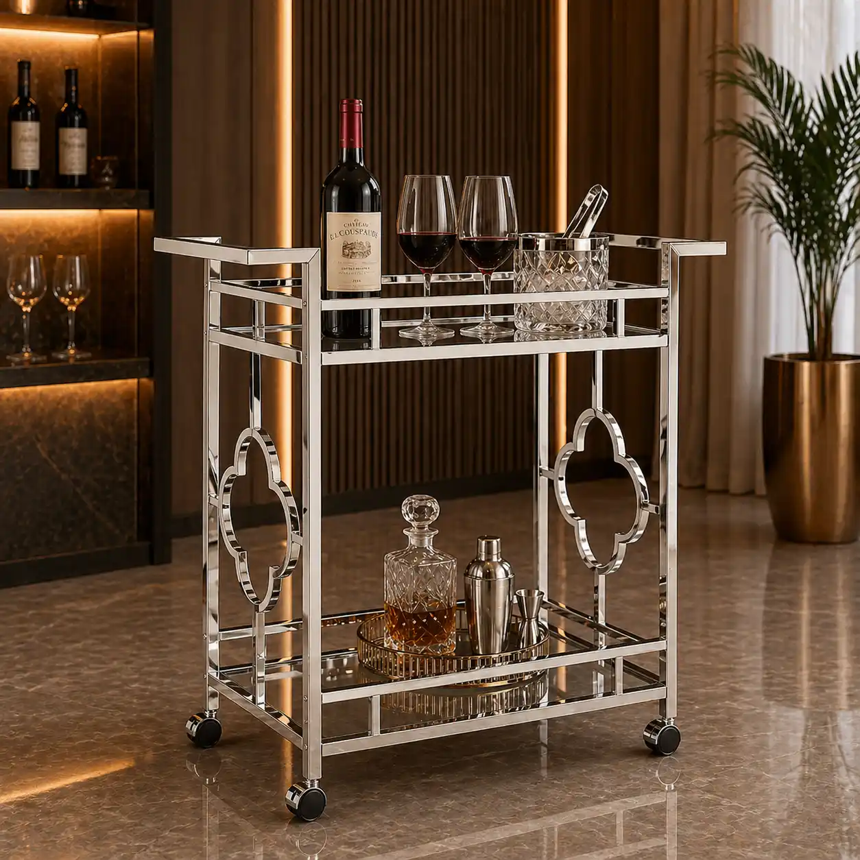 Stylish Bar Cart with Mirror Shelves and Metallic Glam Trolley