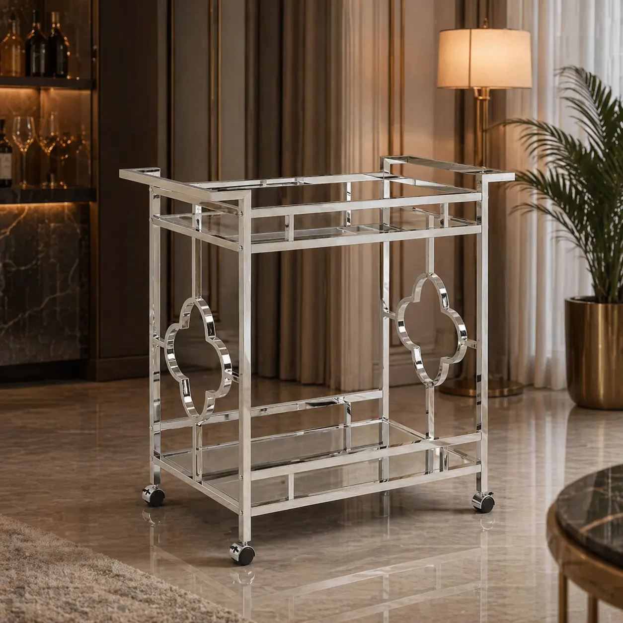 Stylish Bar Cart with Mirror Shelves and Metallic Glam Trolley - Image 5