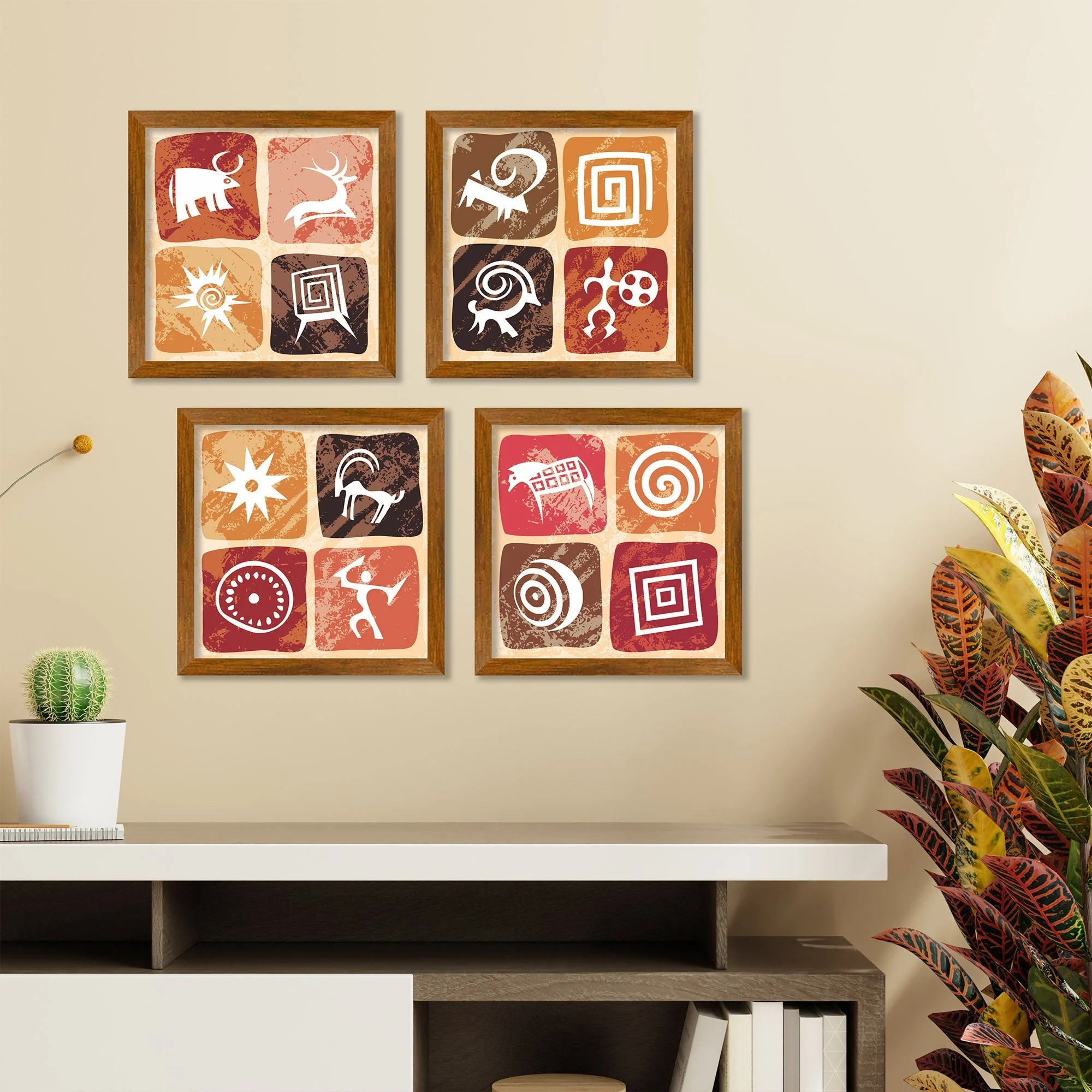 Stylized Petroglyphs Checkered Structure Art Wall Frame Set of Four - Image 2
