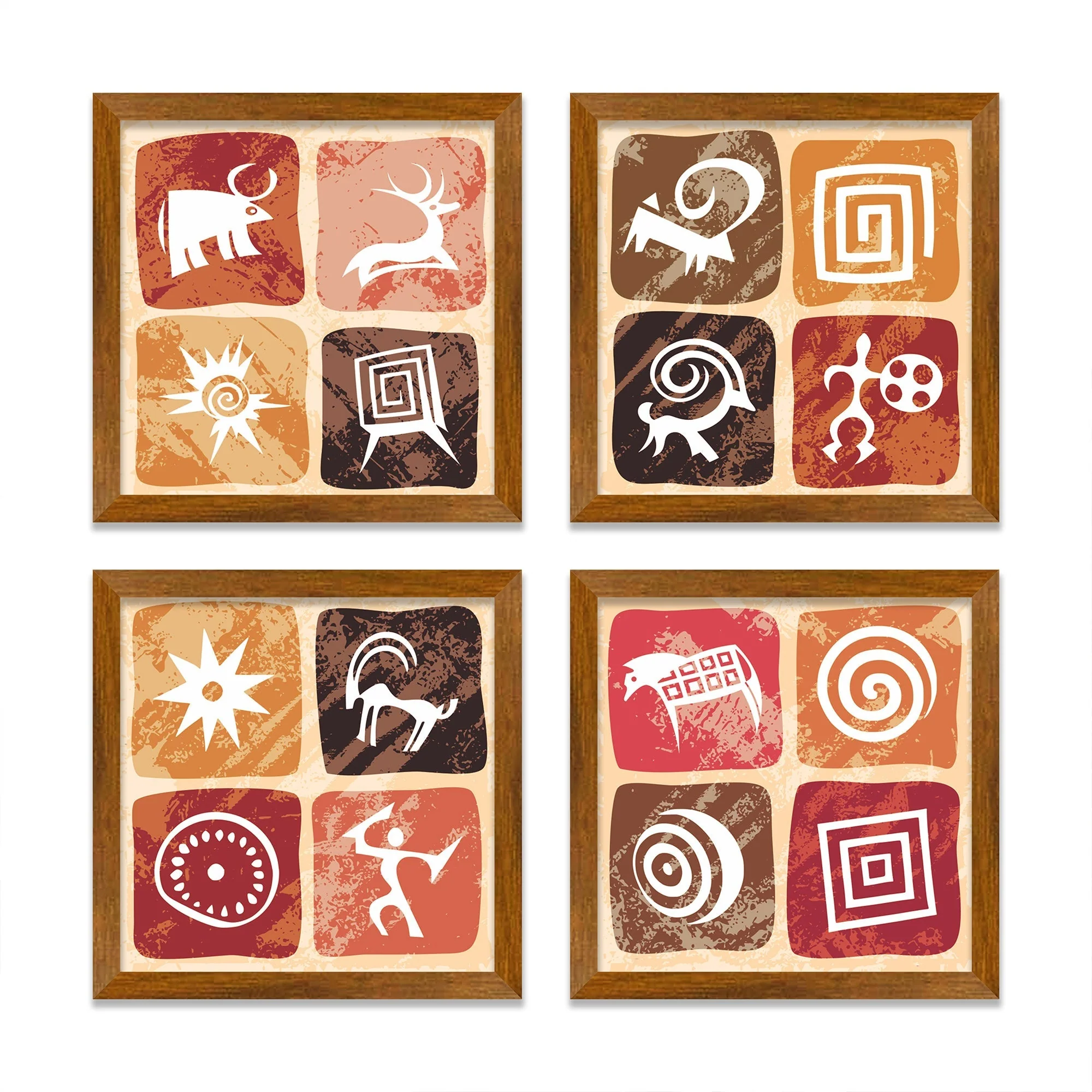 Stylized Petroglyphs Checkered Structure Art Wall Frame Set of Four - Image 3