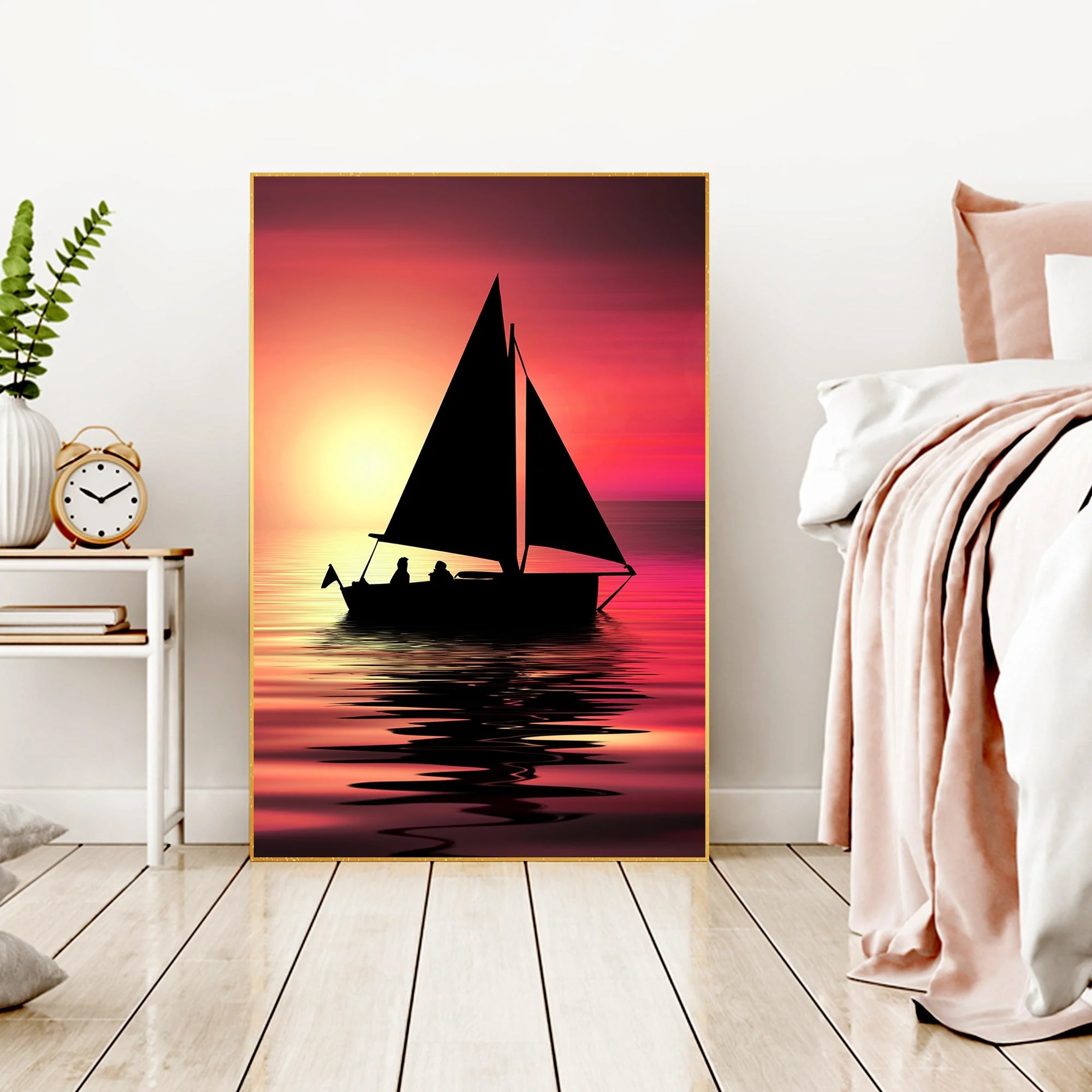 Sunset & Boat Silhouette Floating Canvas Wall Painting - Image 3