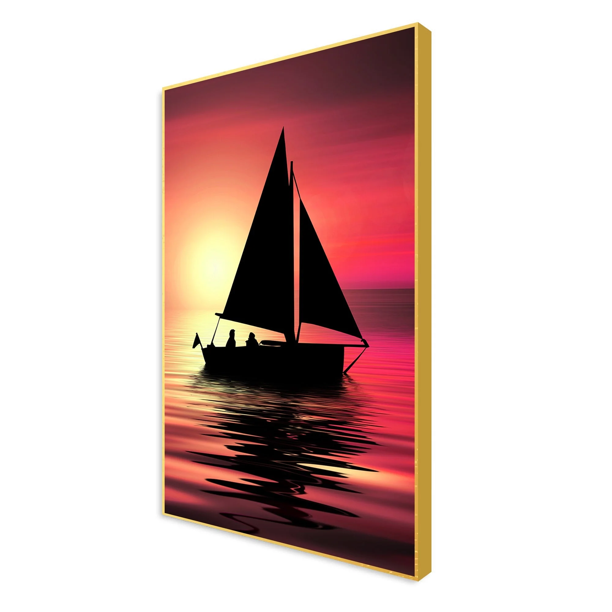 Sunset & Boat Silhouette Floating Canvas Wall Painting - Image 5