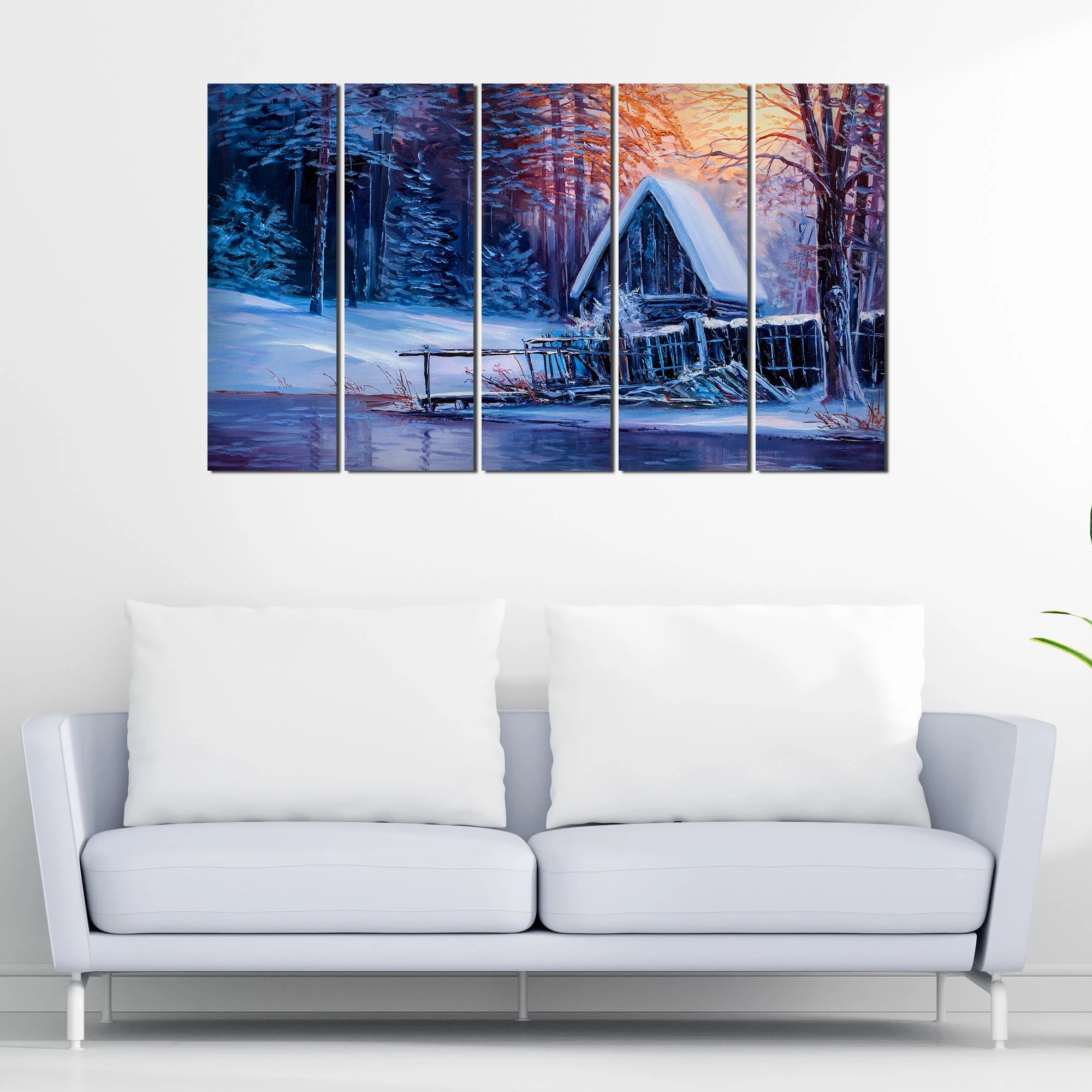 Sunset in Winter Canvas Wall Painting Set of Five - Image 2
