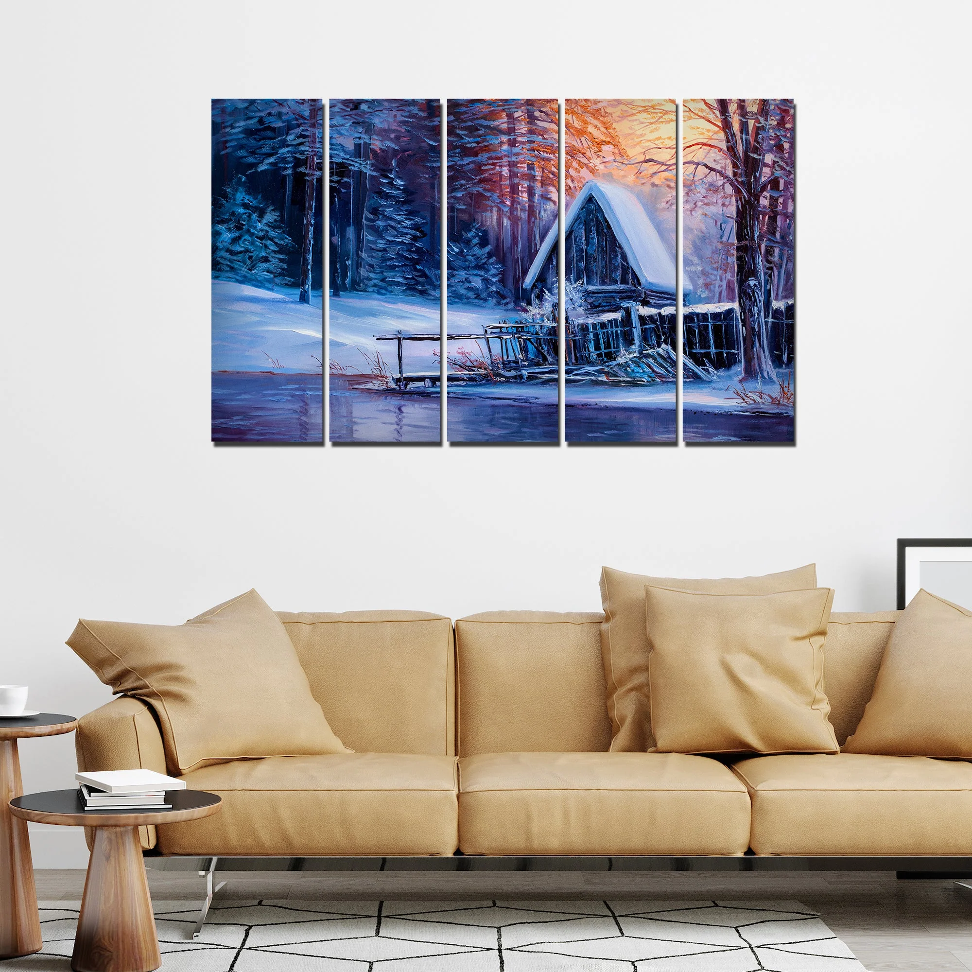 Sunset in Winter Canvas Wall Painting Set of Five - Image 3