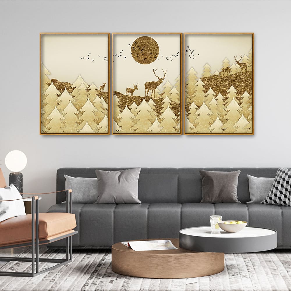 Swamp Deer in Forest Premium Floating Canvas Wall Painting Set of Three - Image 2