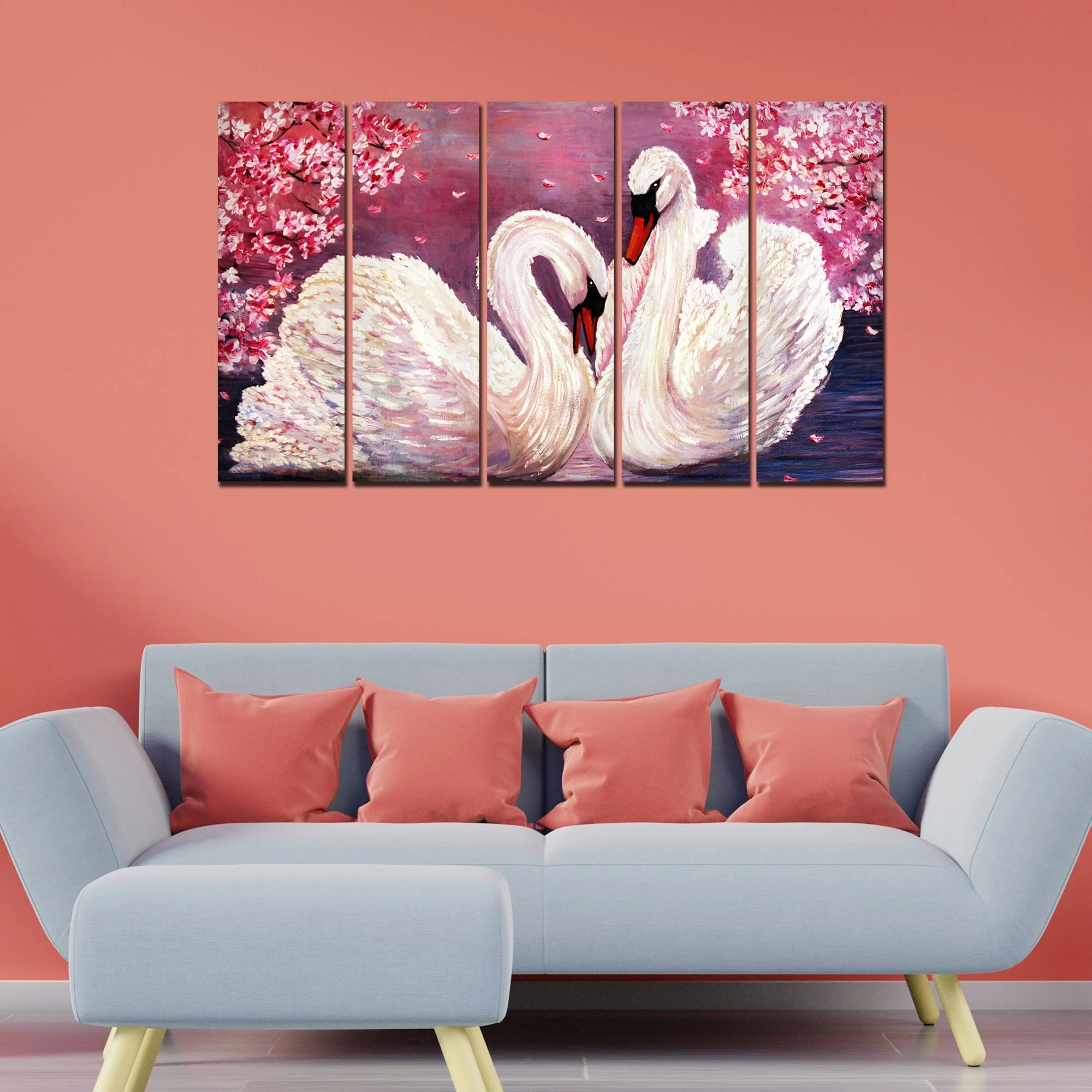 Beautiful Pair of Swans Canvas Wall Painting 5 Pieces - Image 3