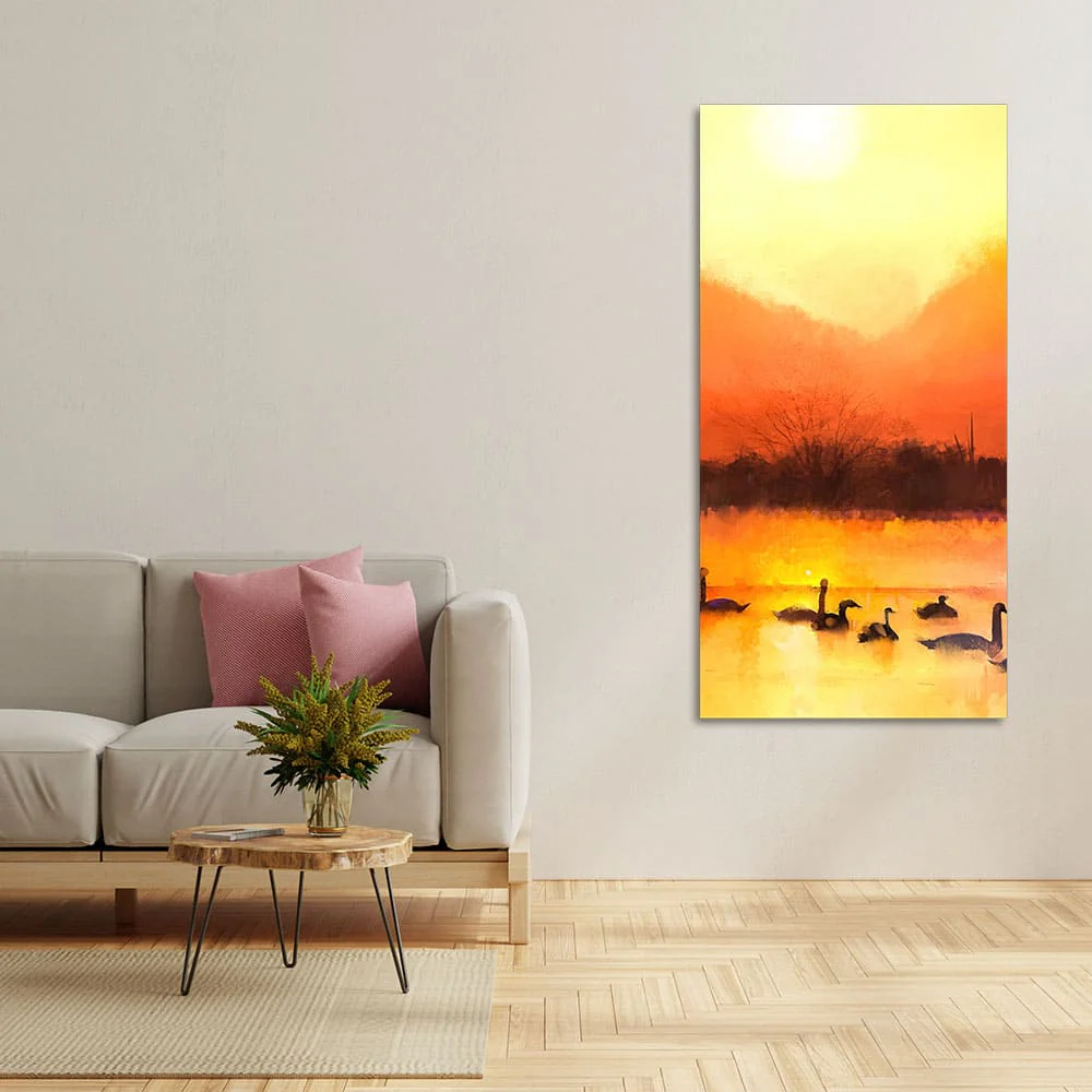 Swans in Lake at Sunset Canvas Wall Painting - Image 2