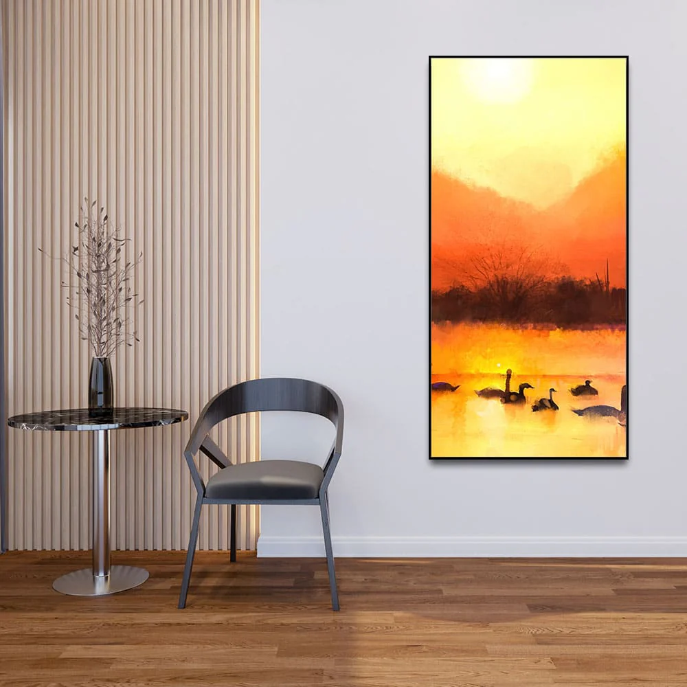 Swans in Lake at Sunset Canvas Wall Painting - Image 3