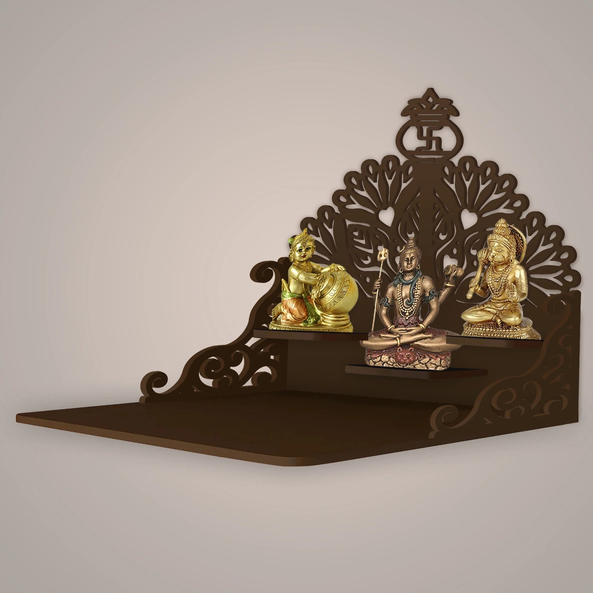Swastika Kalash Symbol of Hindu Religious Wall Hanging Wooden Temple/ Pooja Mandir Design with Shelf, Brown Color - Image 2