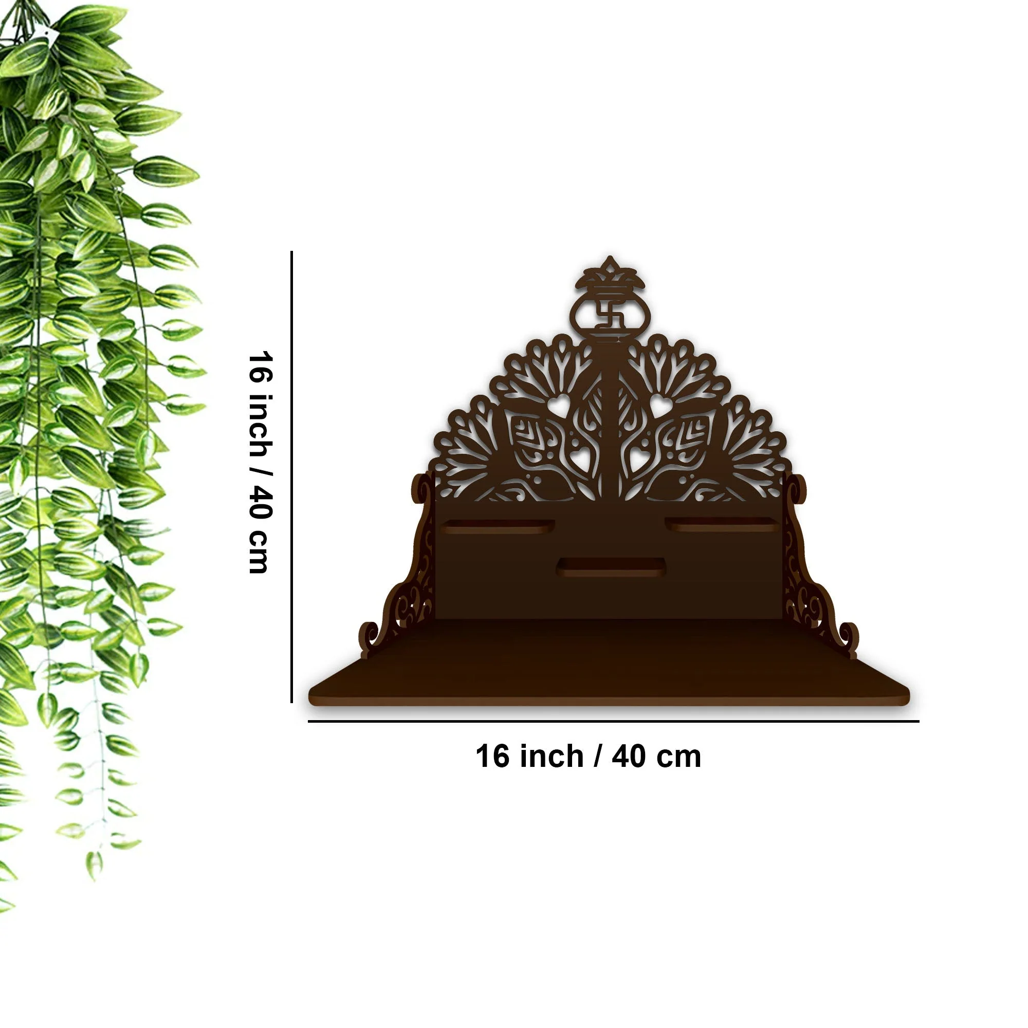 Swastika Kalash Symbol of Hindu Religious Wall Hanging Wooden Temple/ Pooja Mandir Design with Shelf, Brown Color - Image 3