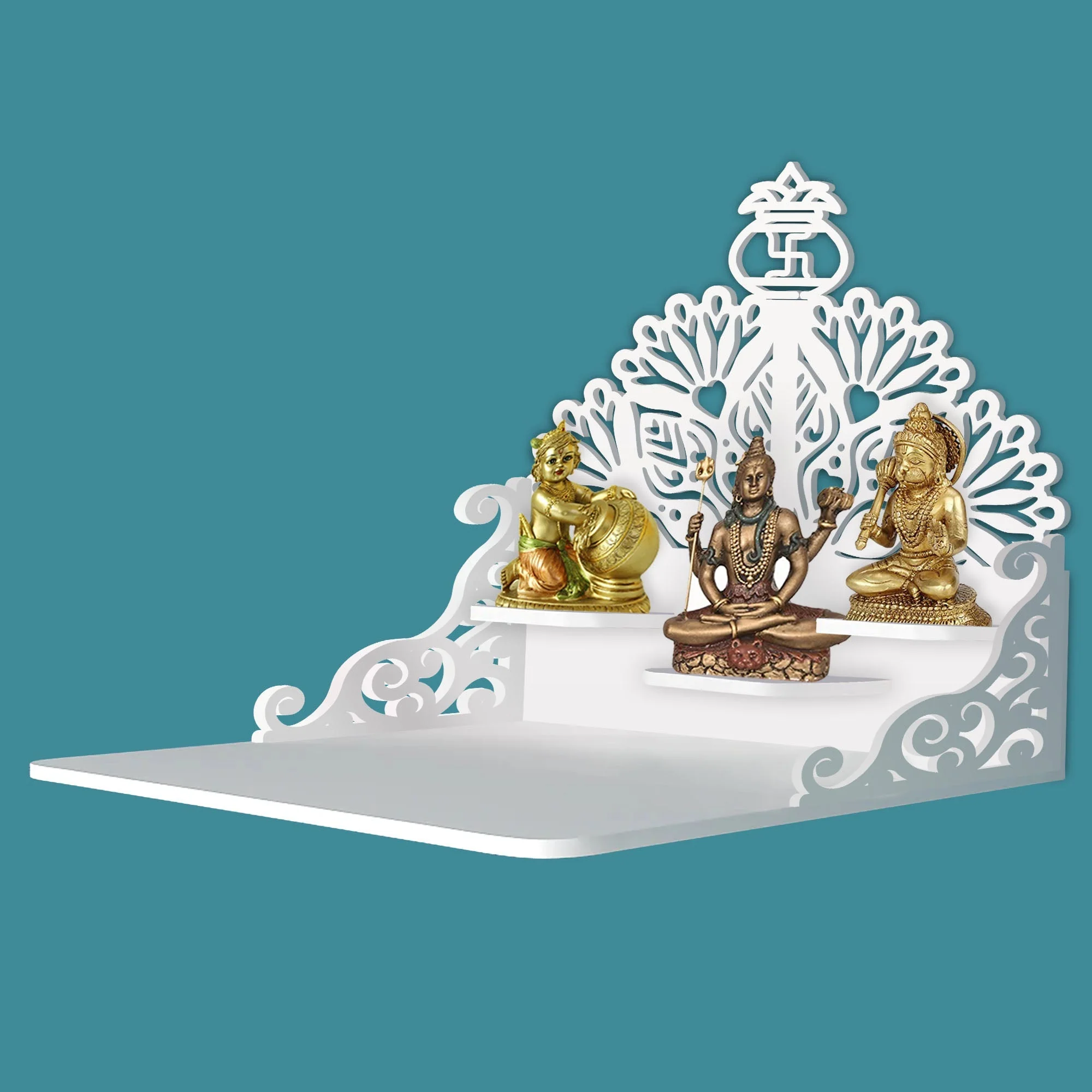 Swastika Kalash Symbol of Hindu Religious Wall Hanging Wooden Temple/ Pooja Mandir Design with Shelf, White Color - Image 2
