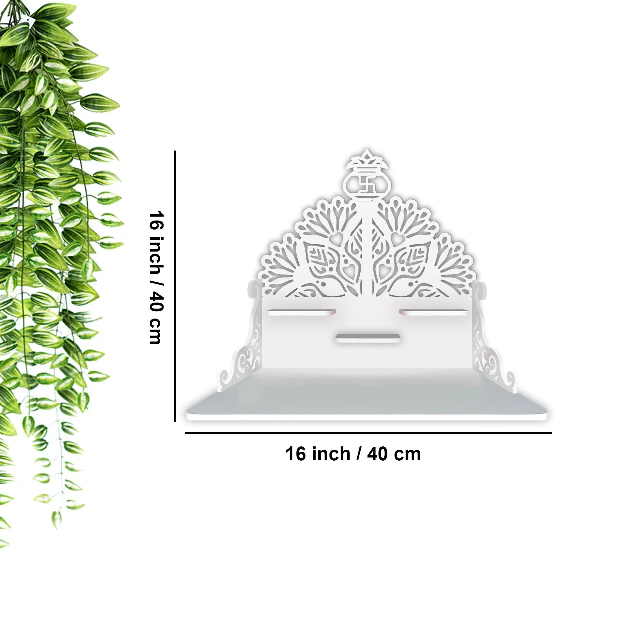 Swastika Kalash Symbol of Hindu Religious Wall Hanging Wooden Temple/ Pooja Mandir Design with Shelf, White Color - Image 3