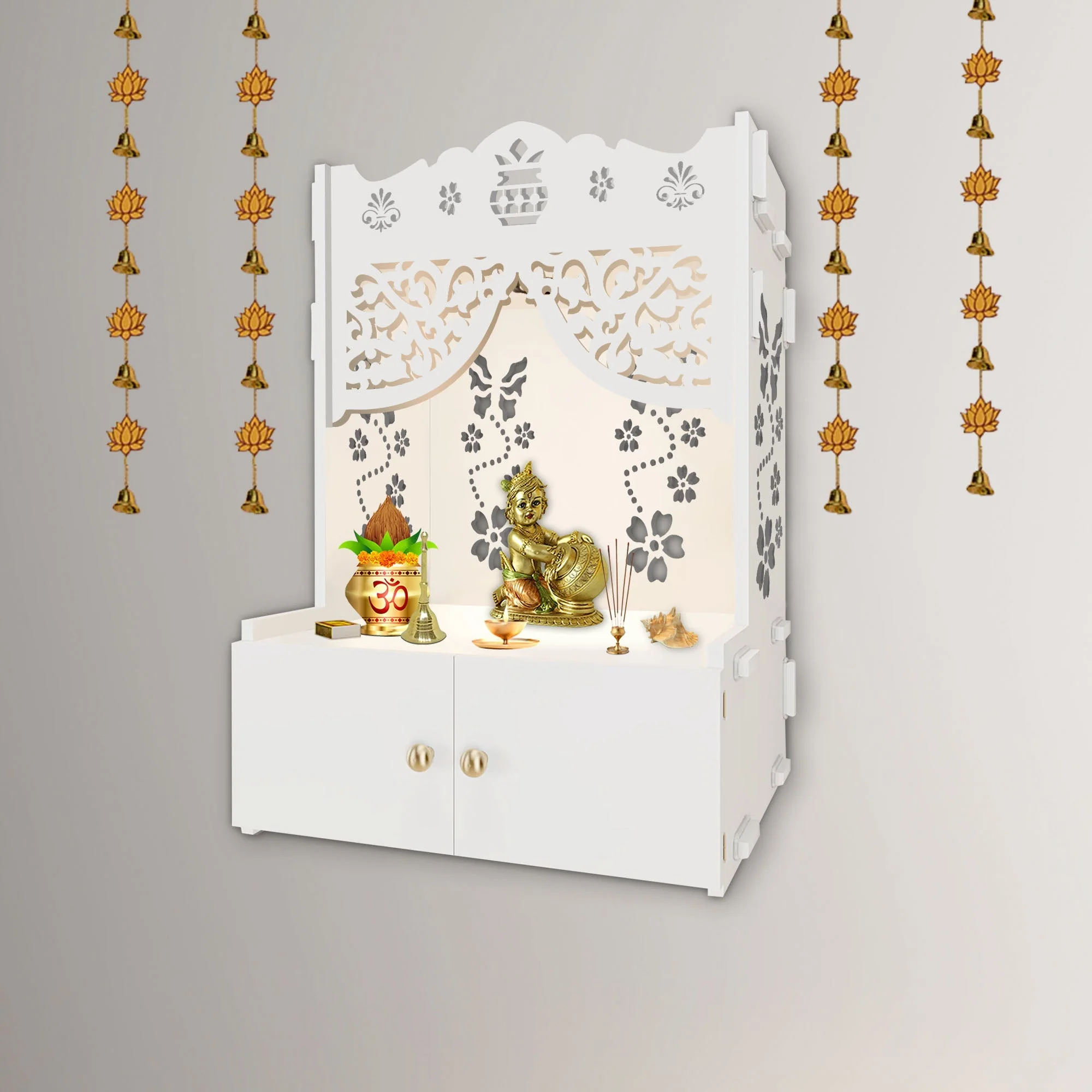 Swastika Kalash Symbol of Hindu Religious White Wooden Wall Temple for Home With Inbuilt focus Lights & Spacious Shelf - Image 2