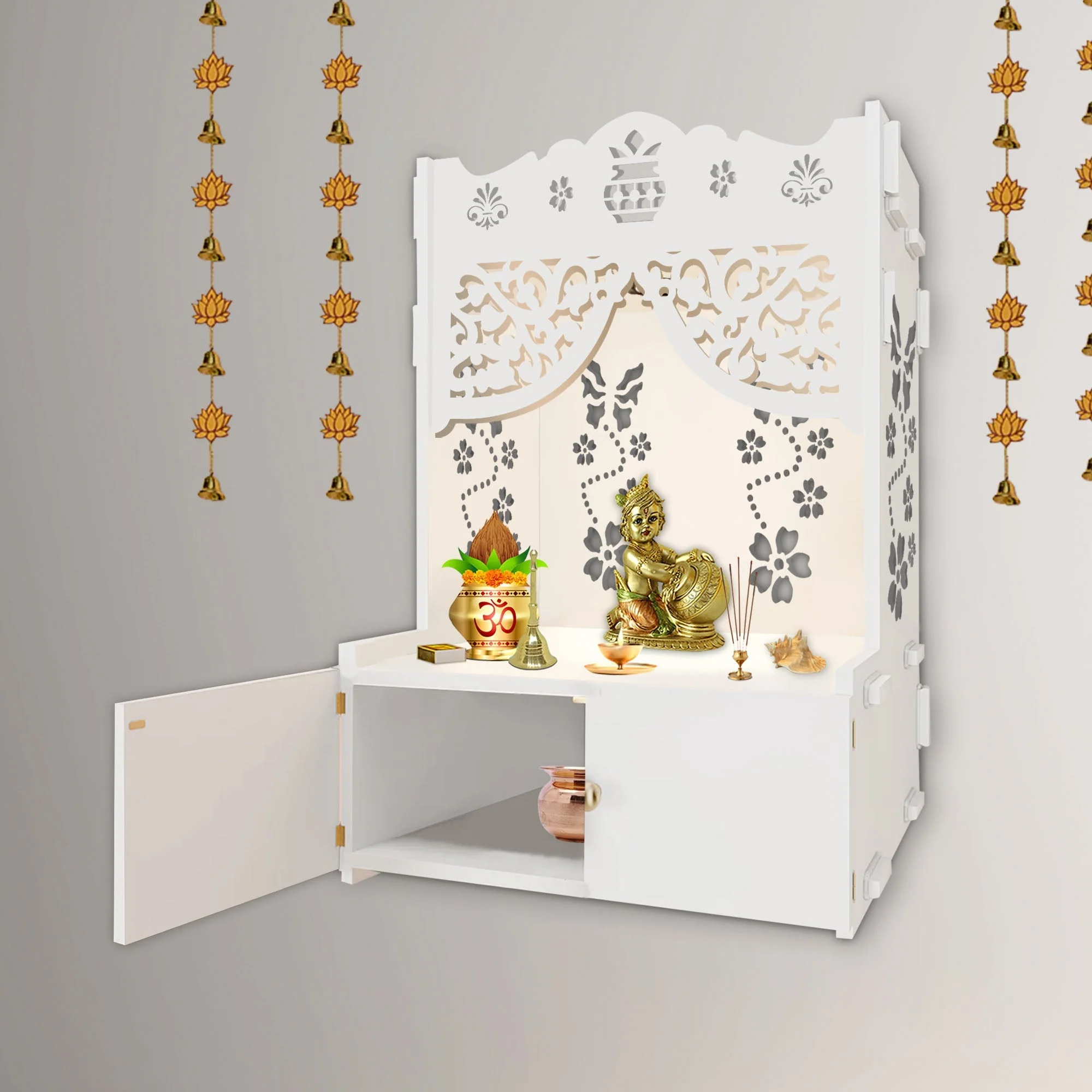 Swastika Kalash Symbol of Hindu Religious White Wooden Wall Temple for Home With Inbuilt focus Lights & Spacious Shelf - Image 3