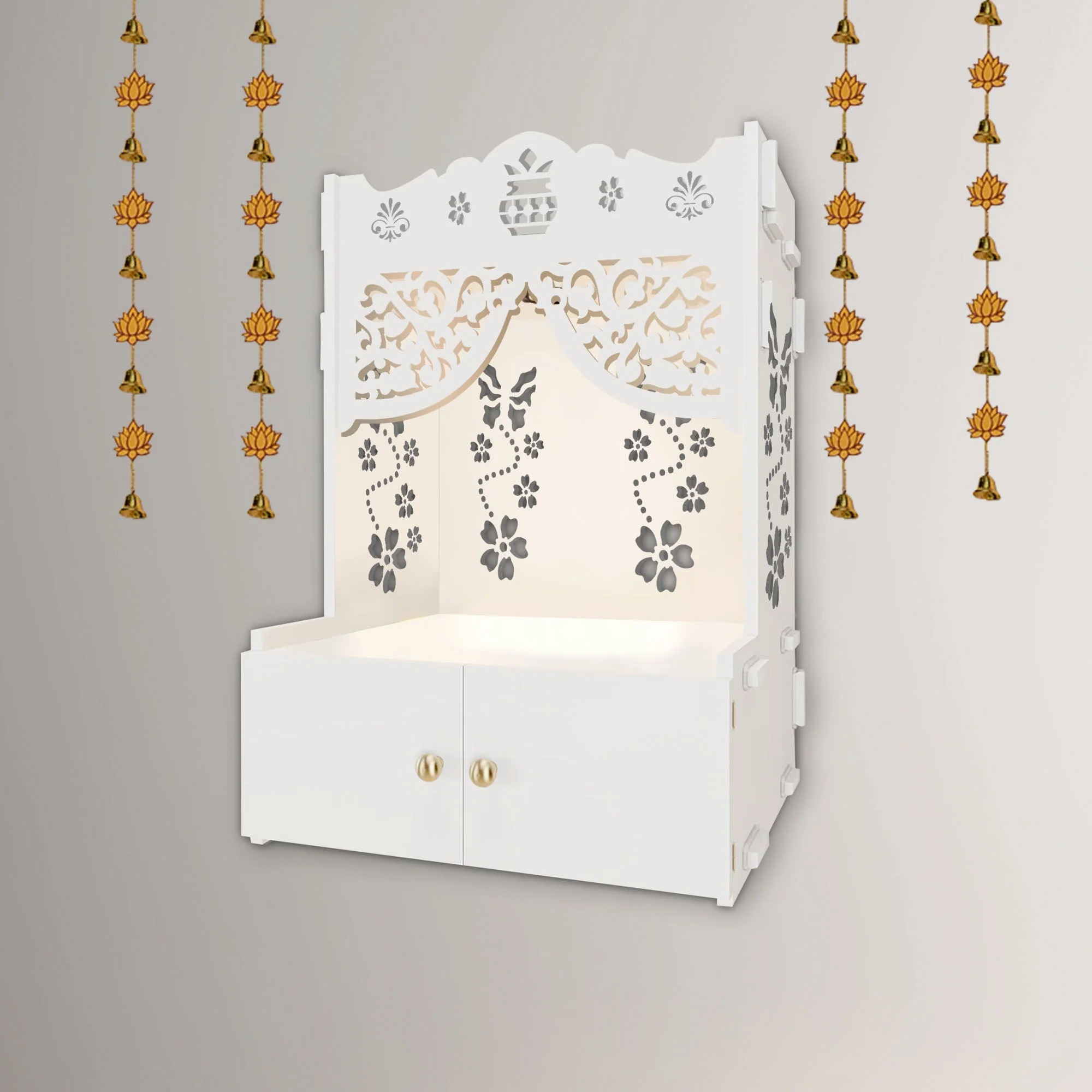Swastika Kalash Symbol of Hindu Religious White Wooden Wall Temple for Home With Inbuilt focus Lights & Spacious Shelf - Image 4