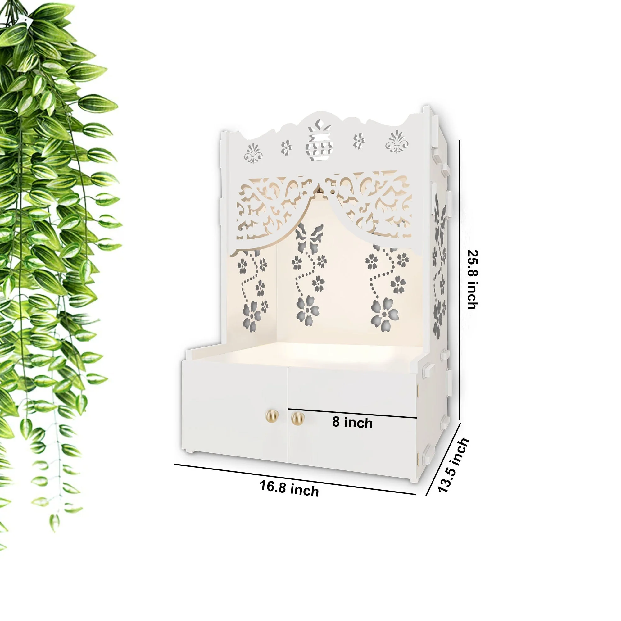 Swastika Kalash Symbol of Hindu Religious White Wooden Wall Temple for Home With Inbuilt focus Lights & Spacious Shelf - Image 5