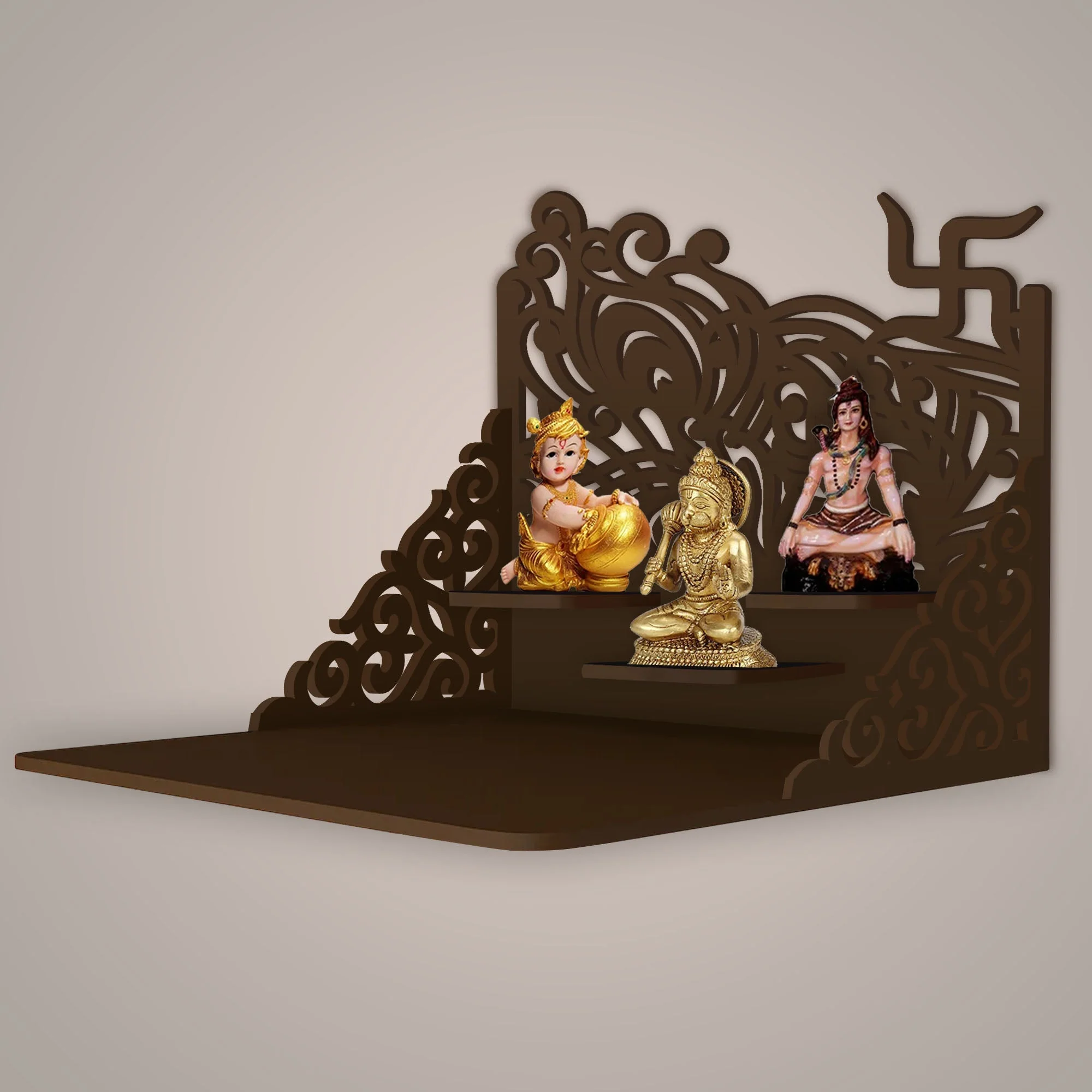 Swastika Symbol of Hindu Religious Wall Hanging Wooden Temple/ Pooja Mandir Design with Shelf, Brown Color - Image 2