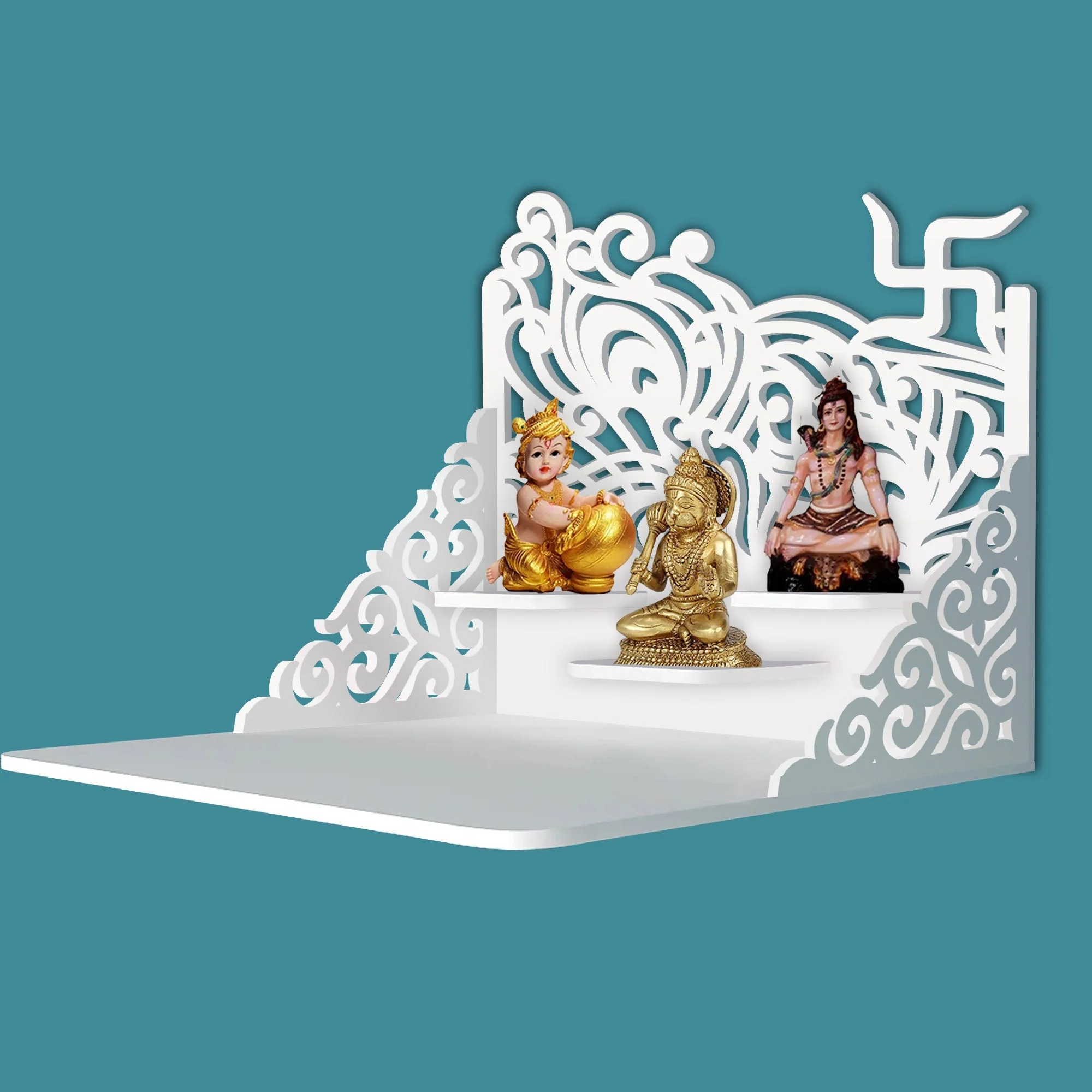 Swastika Symbol of Hindu Religious Wall Hanging Wooden Temple/ Pooja Mandir Design with Shelf, White Color - Image 2