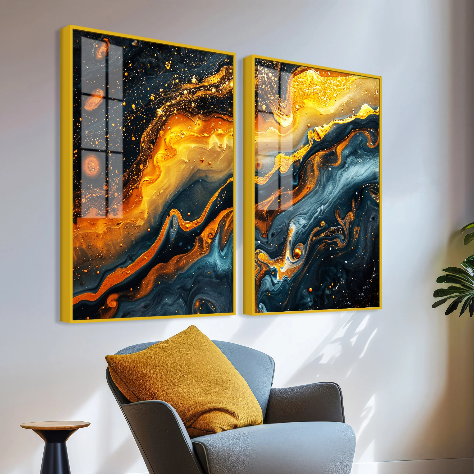 Swirling Golden Abstract Textured Acrylic Art Floating Wall Painting Set of 2 - Image 3