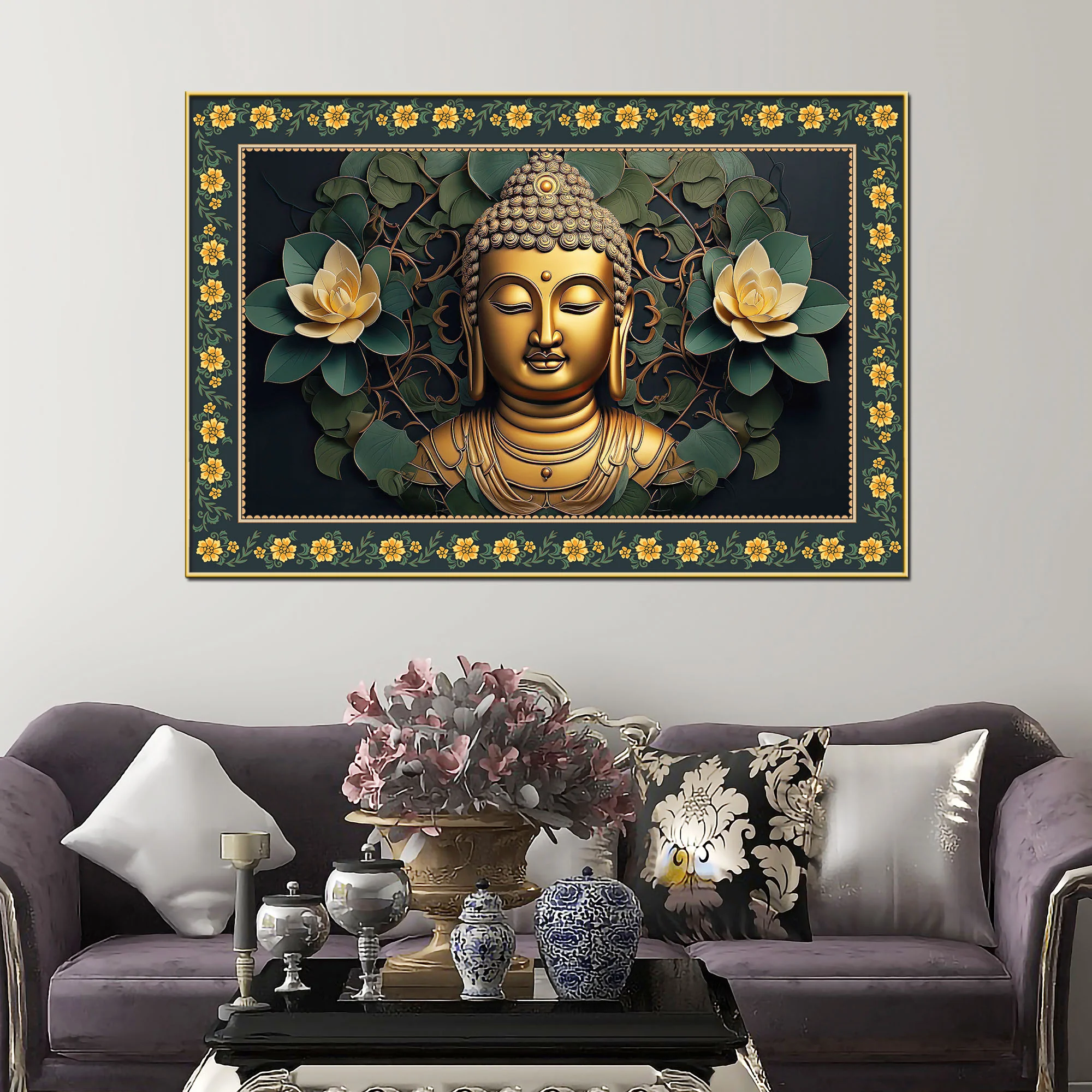 Symbol of Peace Gautam Buddha Border Canvas Wall Painting - Image 2