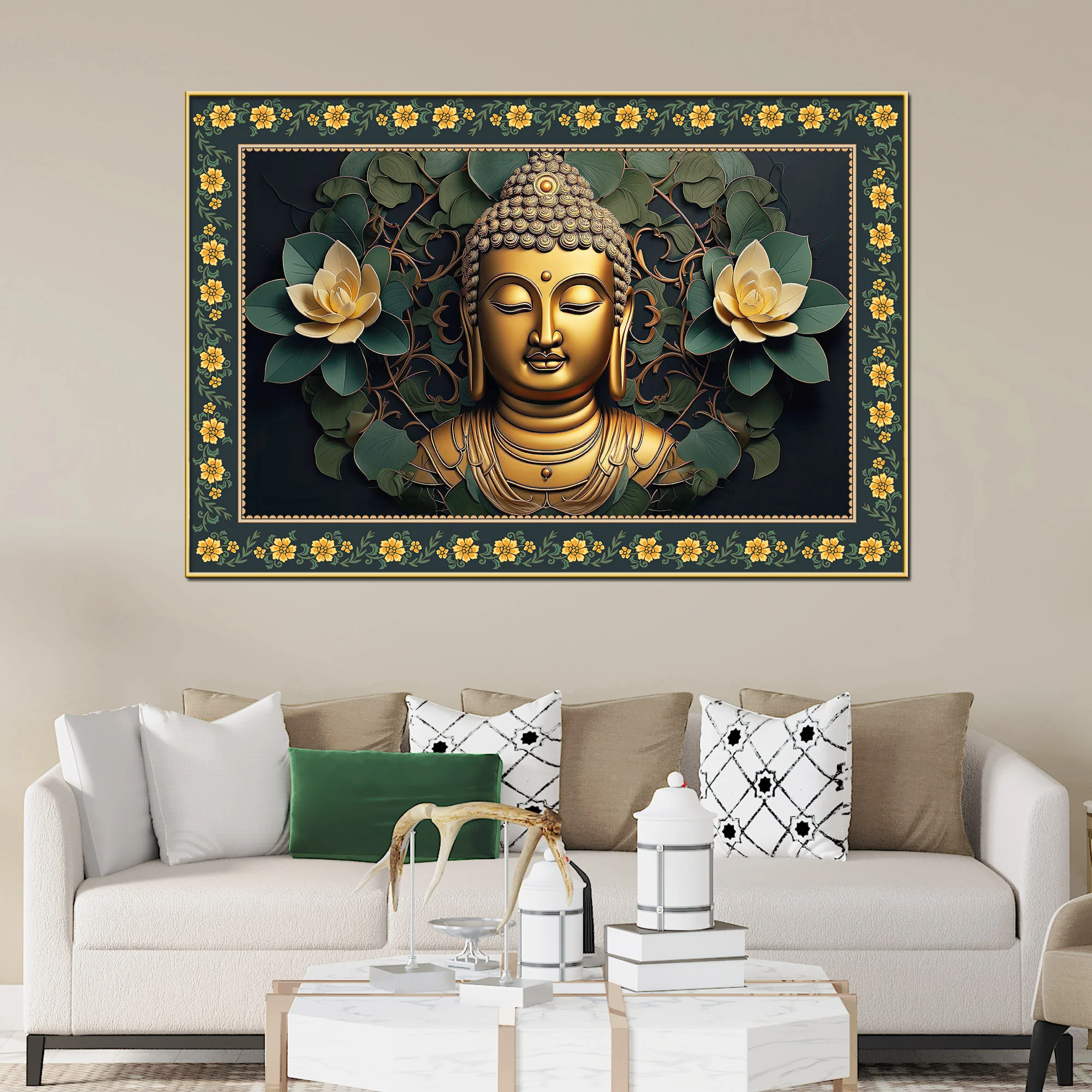 Symbol of Peace Gautam Buddha Border Canvas Wall Painting - Image 3