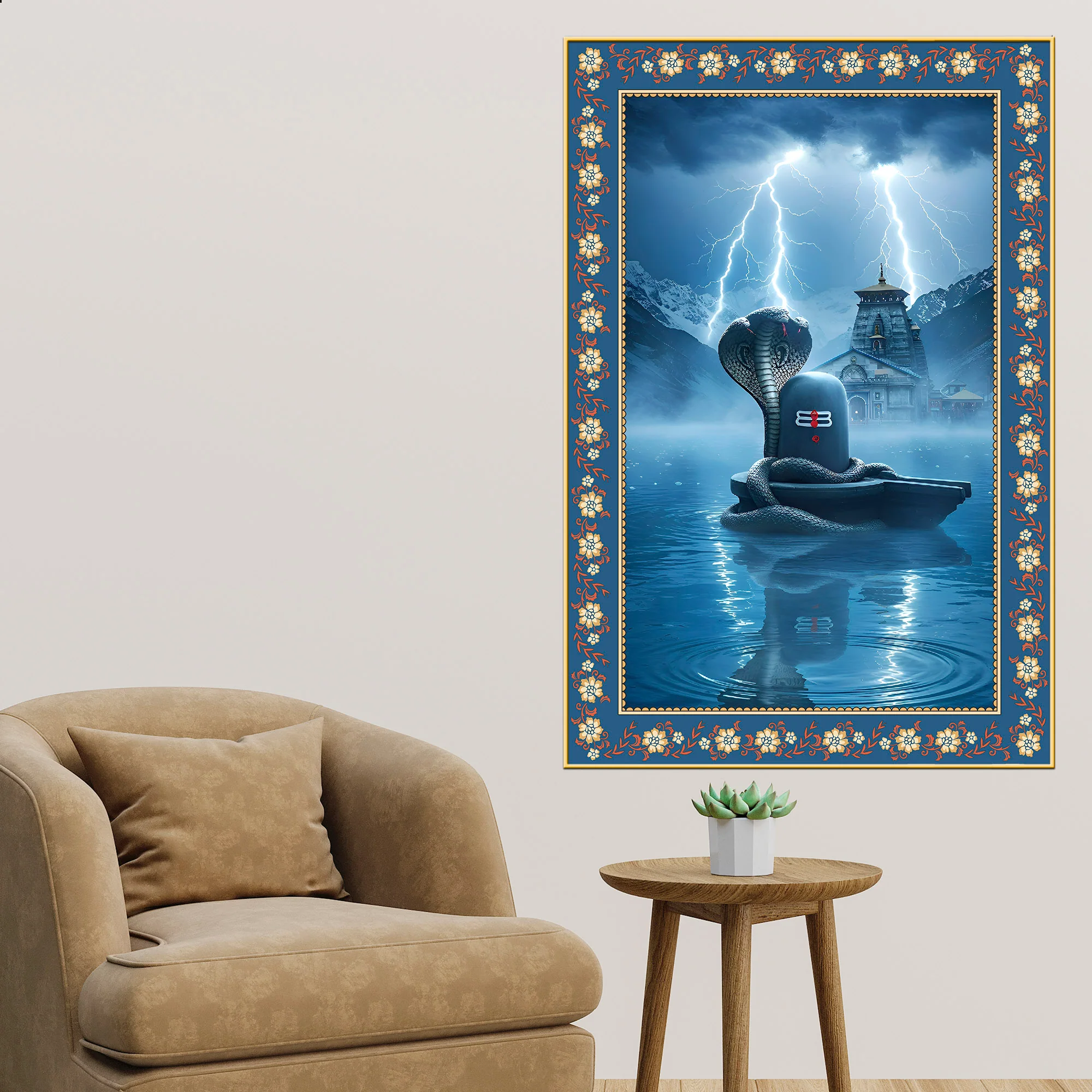 Symbol of Shiva’s Energy Floral Border Vertical Wall Painting - Image 2