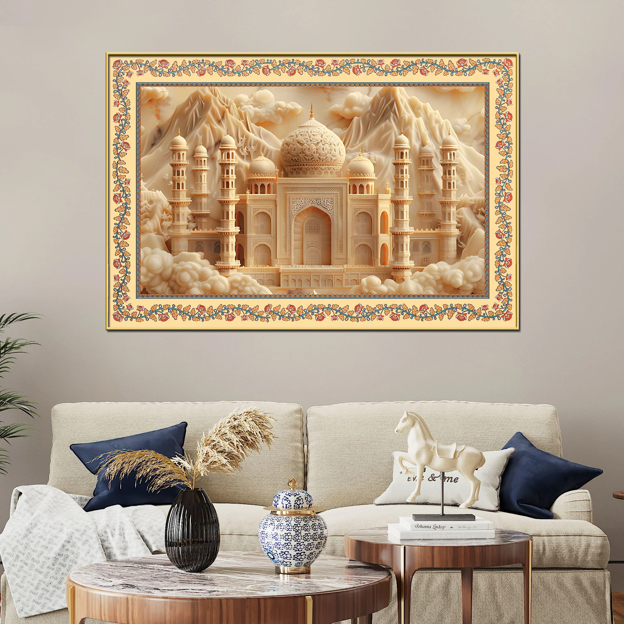 Taj Mahal Majestic Mosque Floral Border Canvas Wall Painting - Image 2