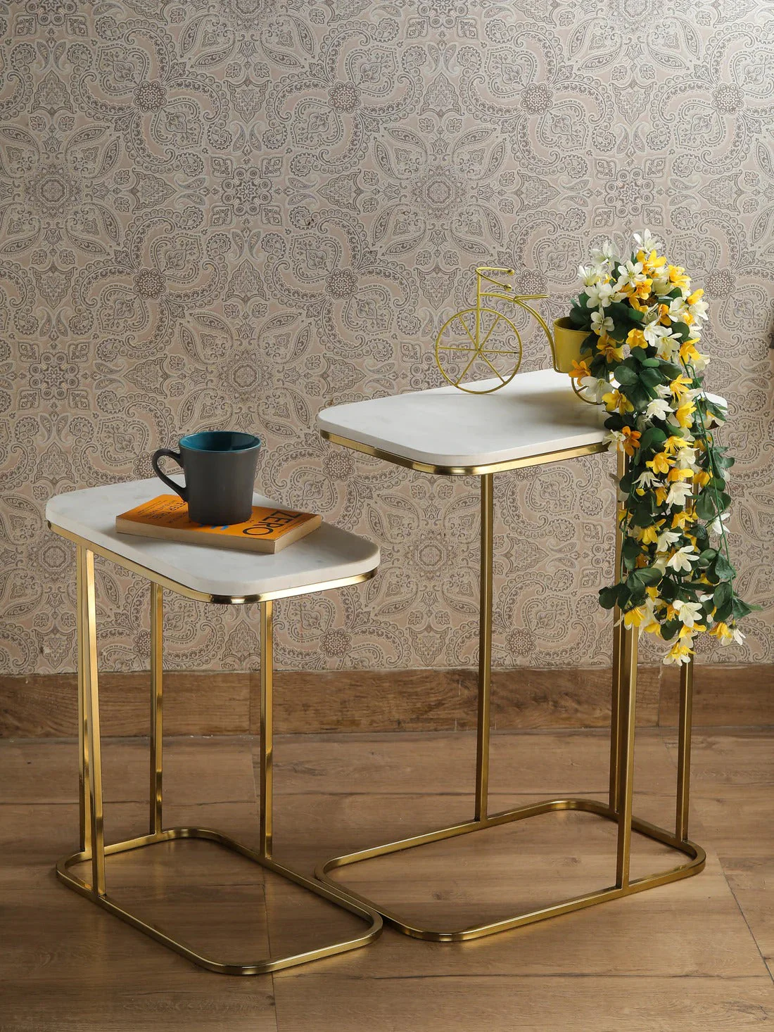 Tehran Rectangle Iron Stand Side Marble Table Set of 2 - Image 3
