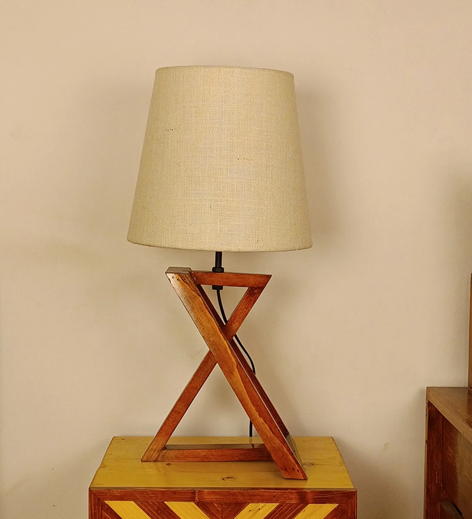 Textured Wooden Table Lamp with Jute Shade & Brown Base - Image 2